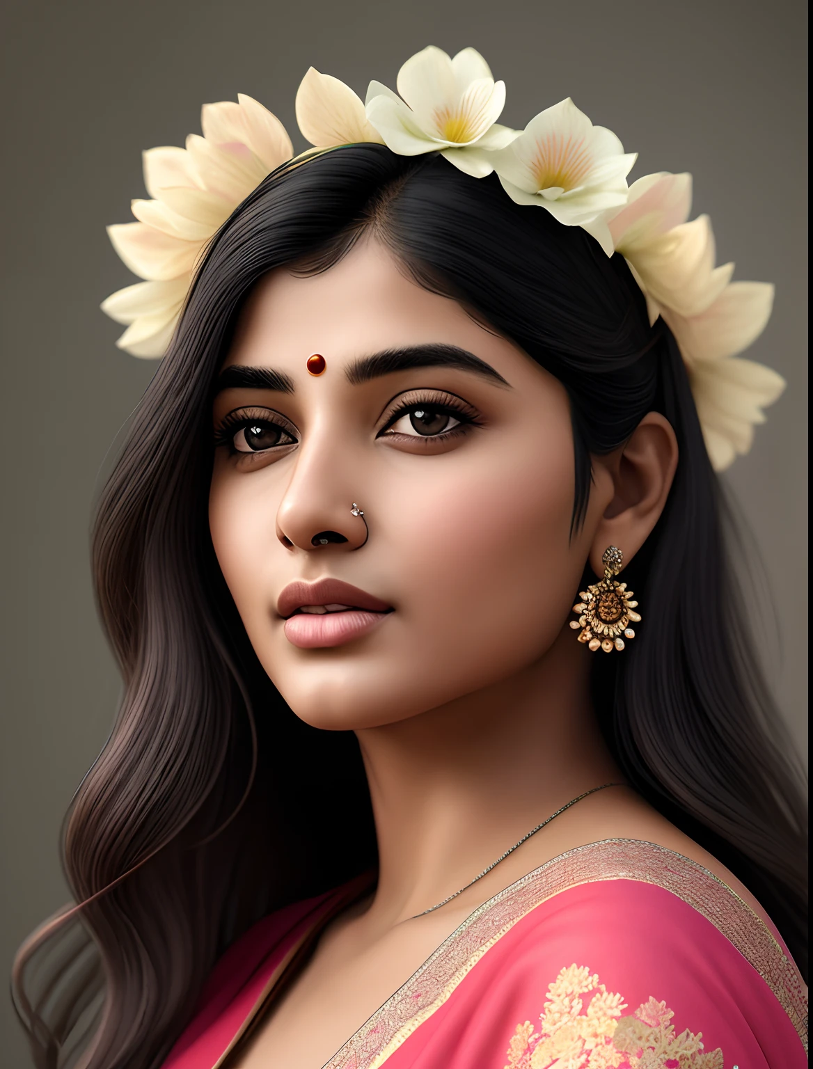 a close up of an Indian woman with a flower in her hair, soft portrait shot 8 k, detailed beauty portrait, cinematic realistic portrait, realistic digital art 4k, realistic digital art 4 k, 8k portrait render, realistic digital painting, 8 k realistic digital art, detailed beautiful portrait, stunning digital illustration, realistic digital illustration, high quality portrait, photorealistic digital painting