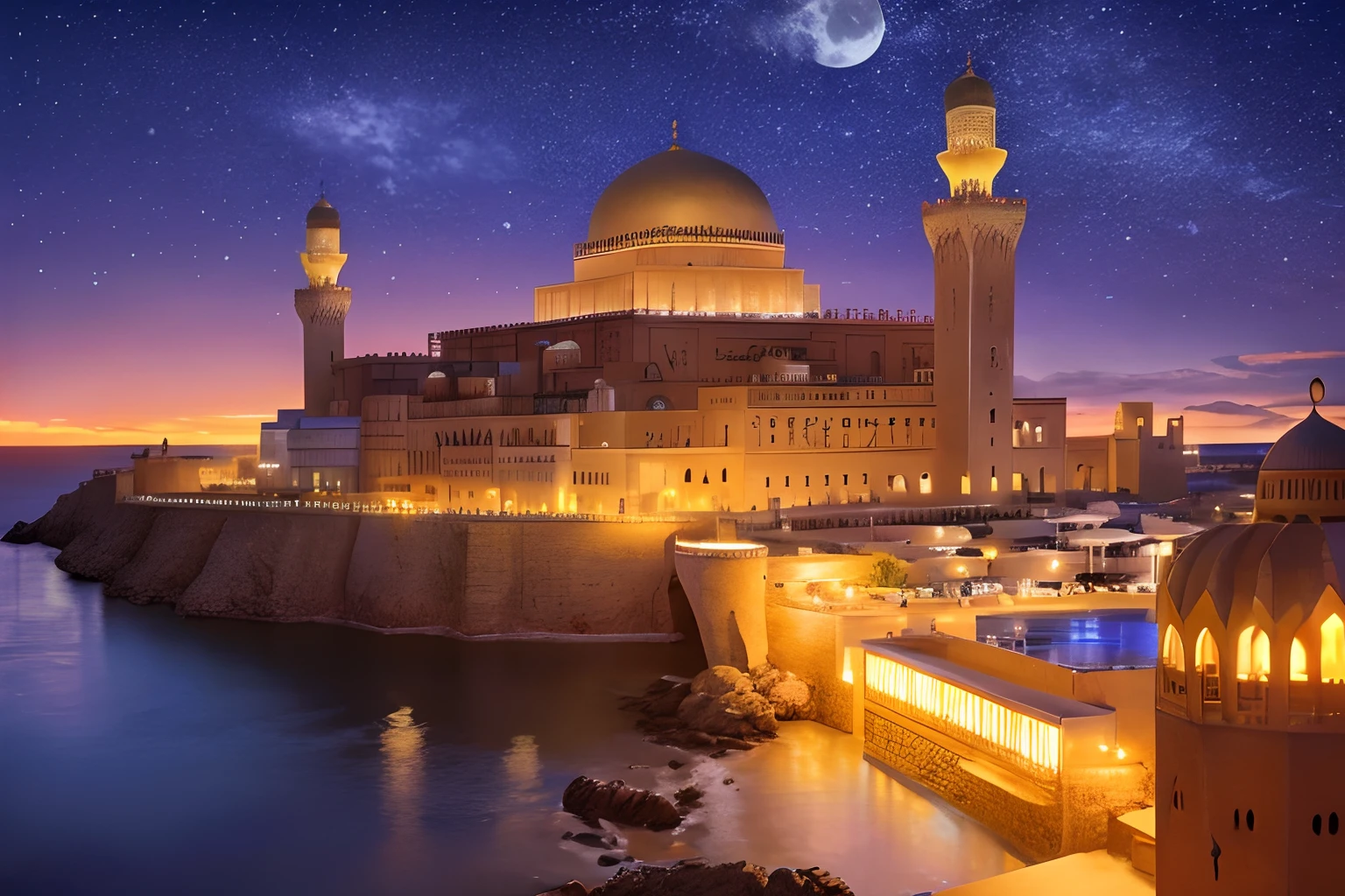 dreamlike moroccan mosque legendary hyper realistic architecture super detailed legendary castle. Moon behind bright red on the waves of the sea superb view environment --auto