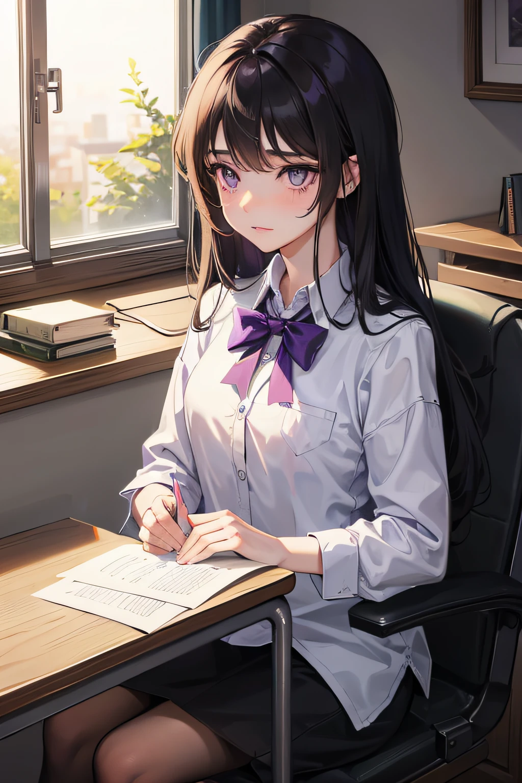 A girl with long black hair and purple eyes, sitting at a desk facing the window with a sad face.