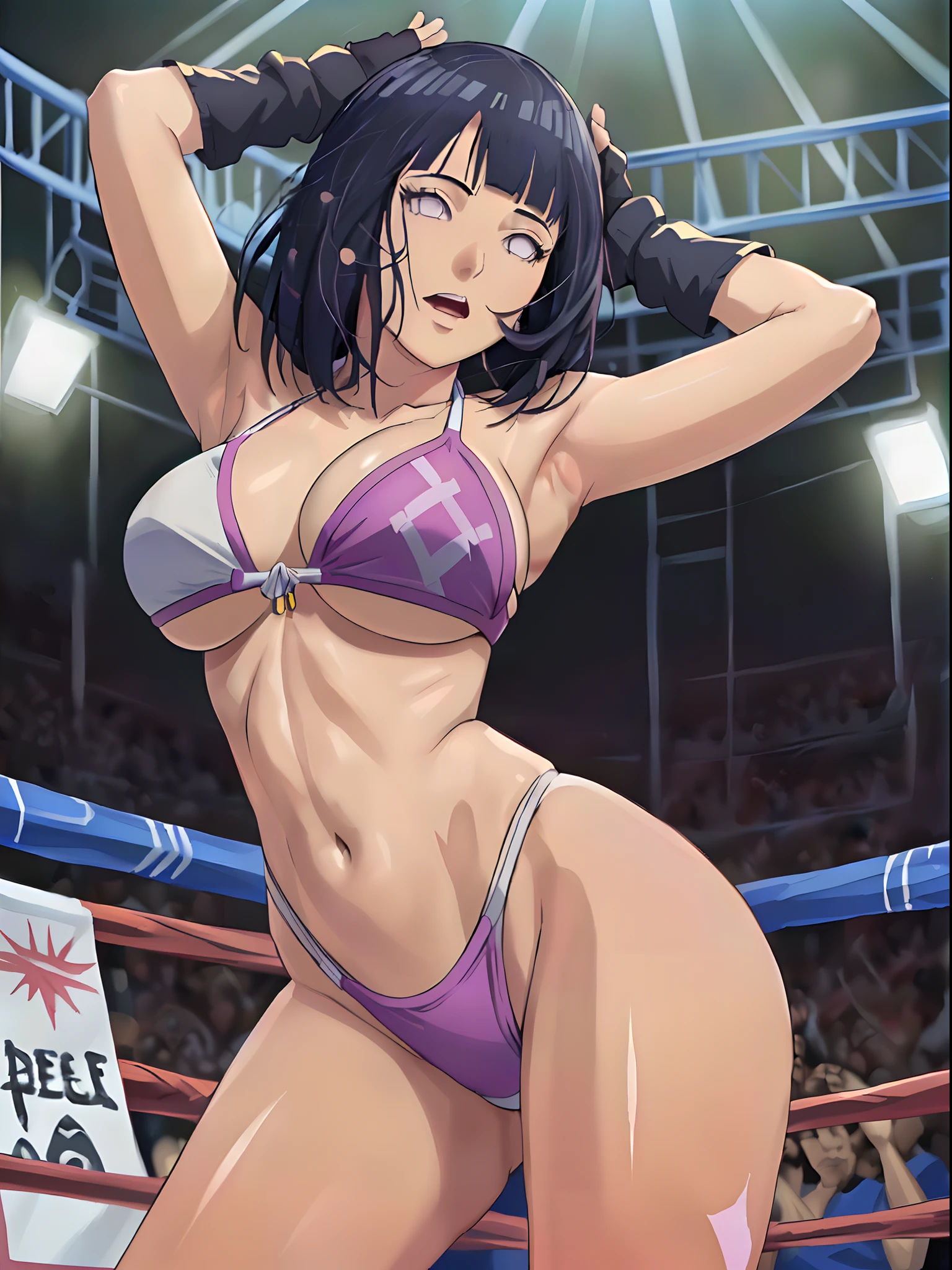(WALLPAPER,  (hinata\(boruto\), (((1 girl, white string bikini, white fingerless gloves))), masterpiece, 4k, vector coloring, fully body view, (scene: sexy girl posing like a fighter, ( location: in wrestling ring with crowd watching)), (high color saturation), contrast lighting, mature female, (curvy:0.8), solo, anime style, sharp focus, professional artwork, intricate details, colorful, vibrant colors, vivid colors, digital blending, ultra detailed body, ultra detail hair, ultra detail face, trending on pixiv, very hot colors, ((())), detailed bold arm lines, high color saturation, bold lines, bold drawing lines), (head tilt), open mouth, happy),
((dark blue hair color:1.1), wavy hair, ((short hair, hime cut)),
(white skin, (fair skin), slender body, milf, perfect face),
(legs, big breasts, off-shoulders, (detailed shoulders, detailed arm lines)), 
(bare shoulders, bare legs),