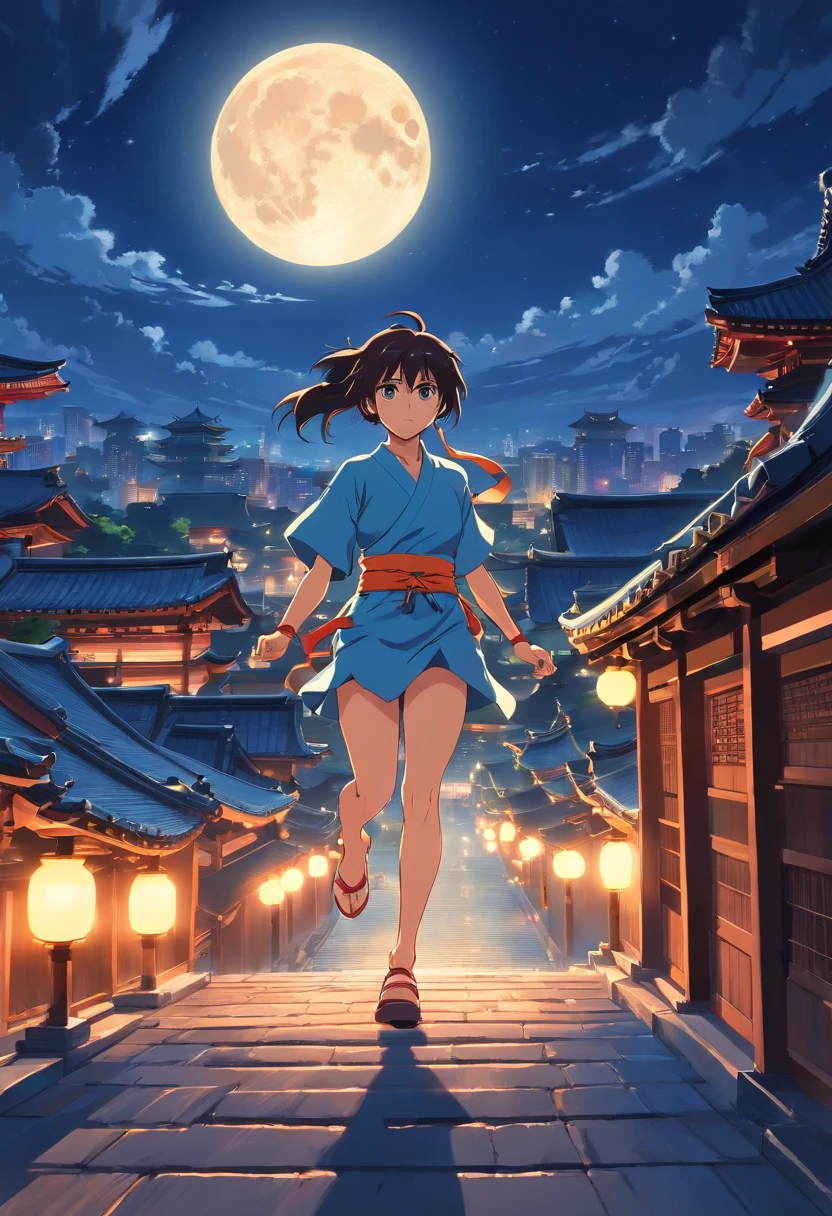 Ninja running across temple rooftops at night full moon