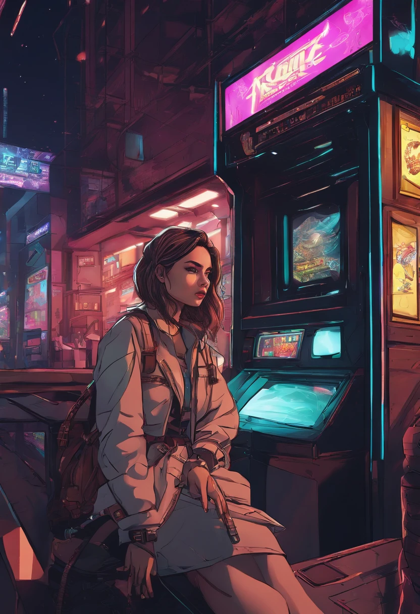 Modern simulation，Toma gran angular de entorno de estilo anime，Chaotic night arcade shooting; Una mujer vestida de calle;Science-Fiction. Line Art. Arte arcade ambiental.，Perssonage Cyber Punk