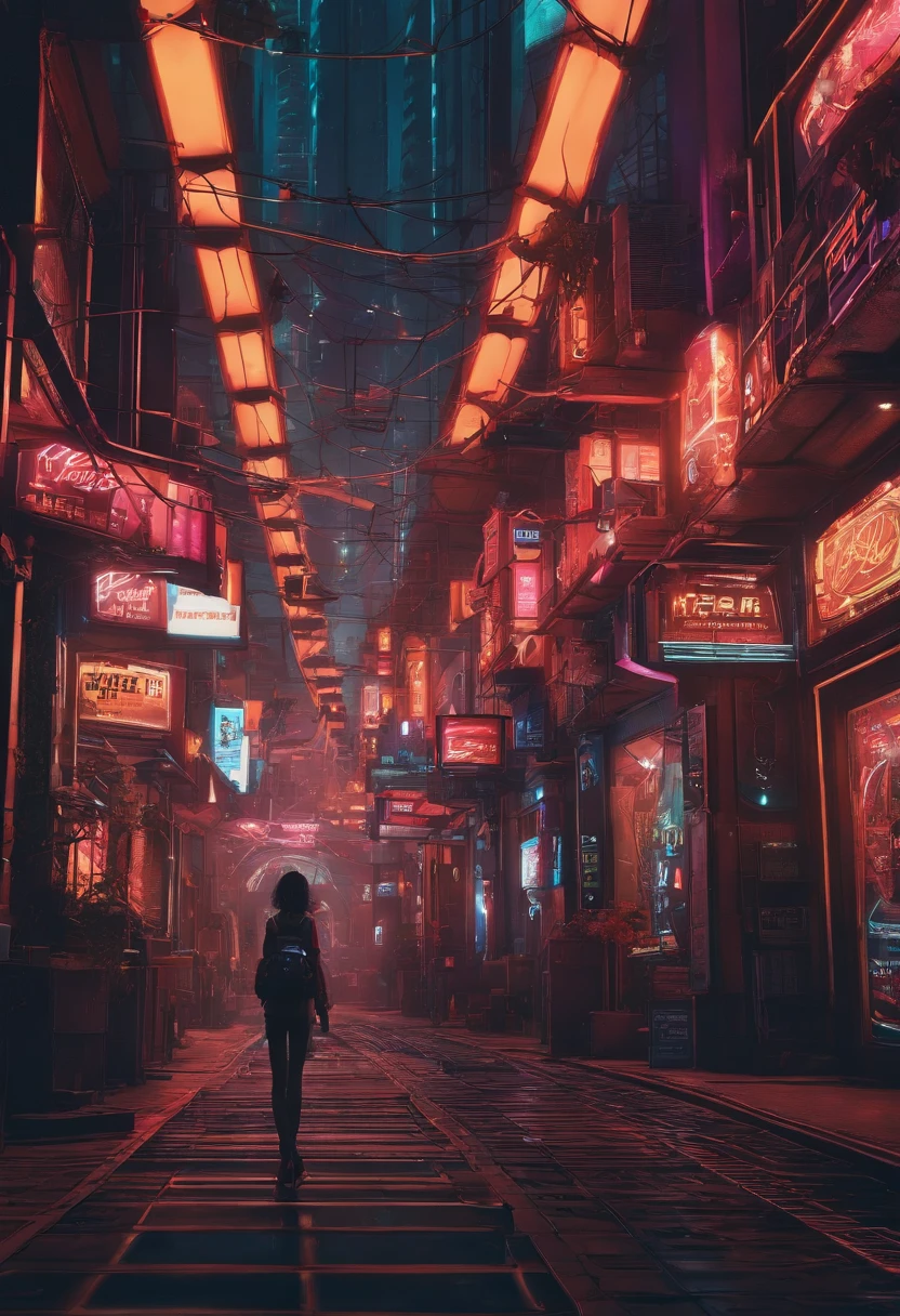 Modern simulation，Toma gran angular de entorno de estilo anime，Chaotic night arcade shooting; Una mujer vestida de calle;Science-Fiction. Line Art. Arte arcade ambiental.，Perssonage Cyber Punk