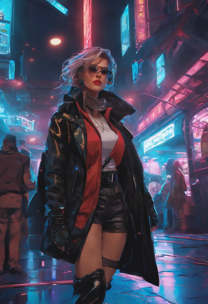 Modern simulation，Toma gran angular de entorno de estilo anime，Chaotic night arcade shooting; Una mujer vestida de calle;Science-Fiction. Line Art. Arte arcade ambiental.，Perssonage Cyber Punk