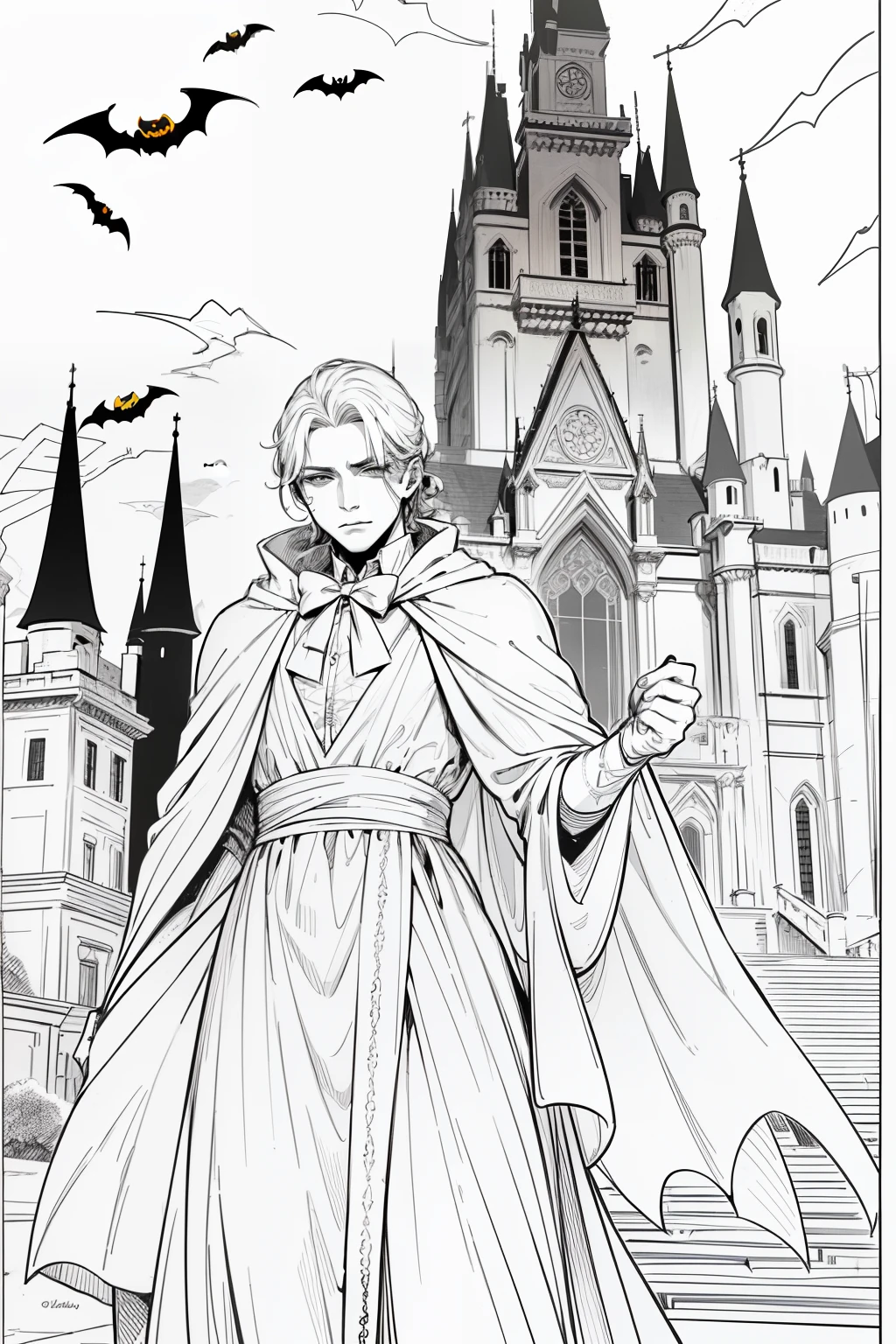 Obra maestra, superlativo, young vampire male very masculine, solamente, Halloween , castle fondo blanco, monocromo, line drawing, ((bosquejo)), spooky, spooky Halloween , white eyes, correct anatomy,