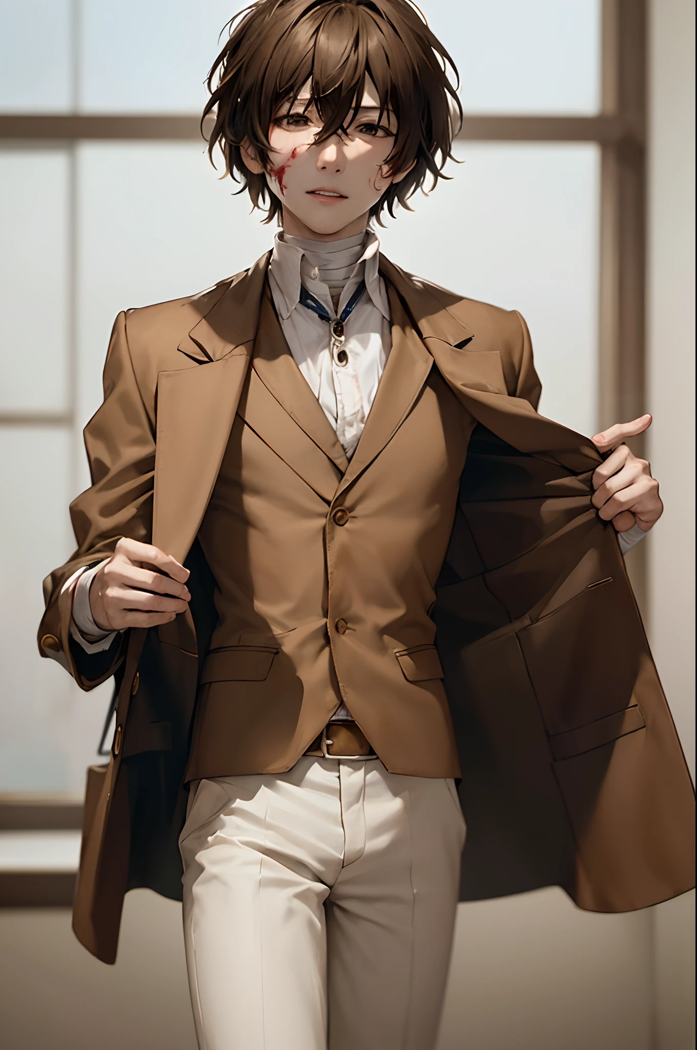 (masterpiece, best quality:1.2), cowboy shot, solo, male focus, 1boy, dazai osamu, expressionless, brown jacket, white pants, bandages, (blood:1.1)