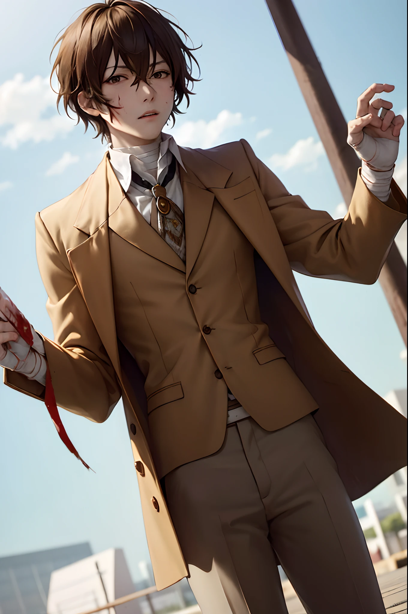 (masterpiece, best quality:1.2), cowboy shot, solo, male focus, 1boy, dazai osamu, expressionless, brown jacket, white pants, bandages, (blood:1.1)