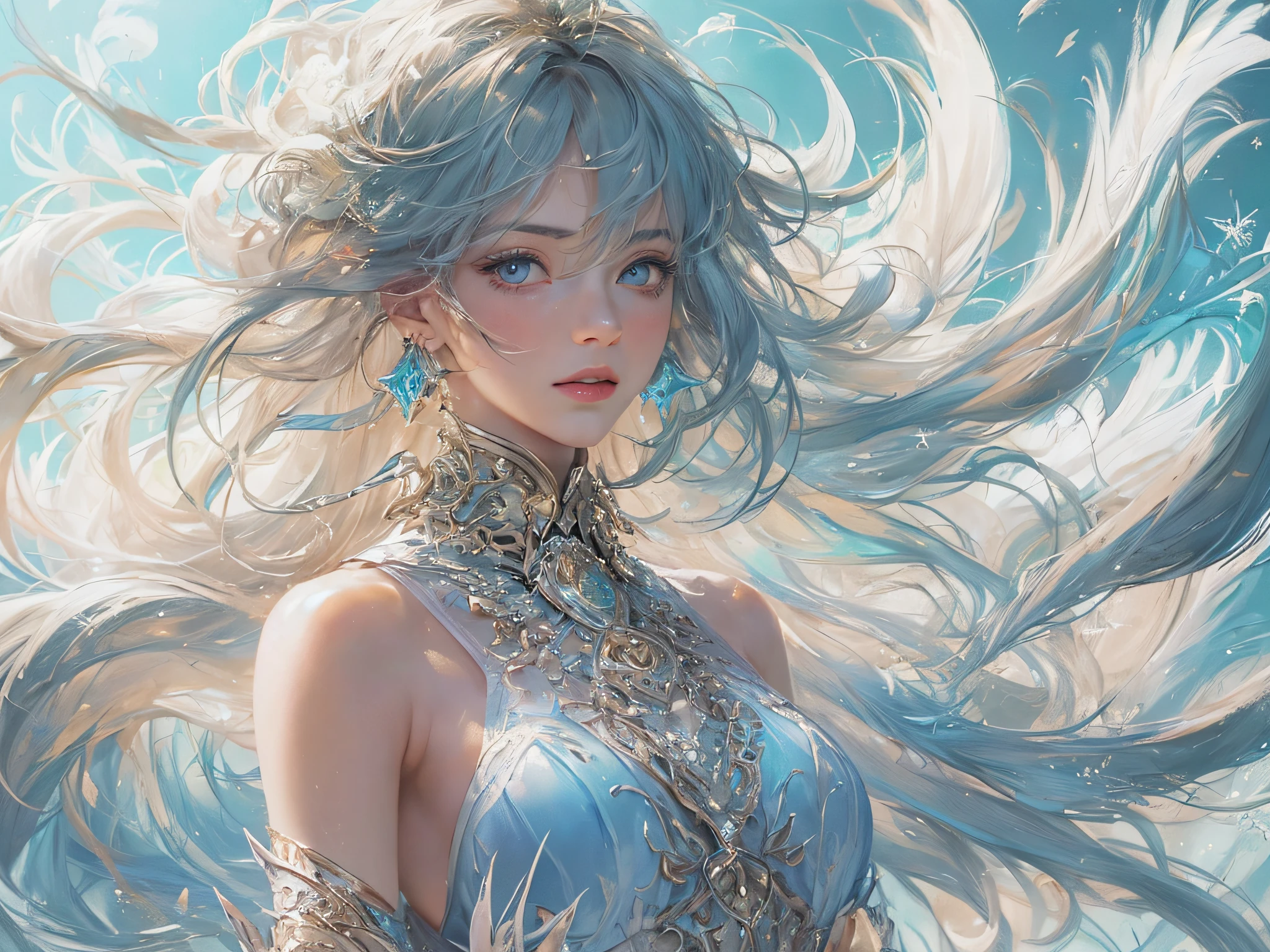 （best qualtiy）， （（tmasterpiece））， 1个Giant Breast Girl，（独奏），half-body portrait， Delicate face， looking at viewert， Firm eyes， exposed bare shoulders，Exquisitehands， Um ser celestial， light particules， The halo，the ocean， Full of energy， Colorful colors， （Bio-luminescence），（Detailed composition）， 电影灯光