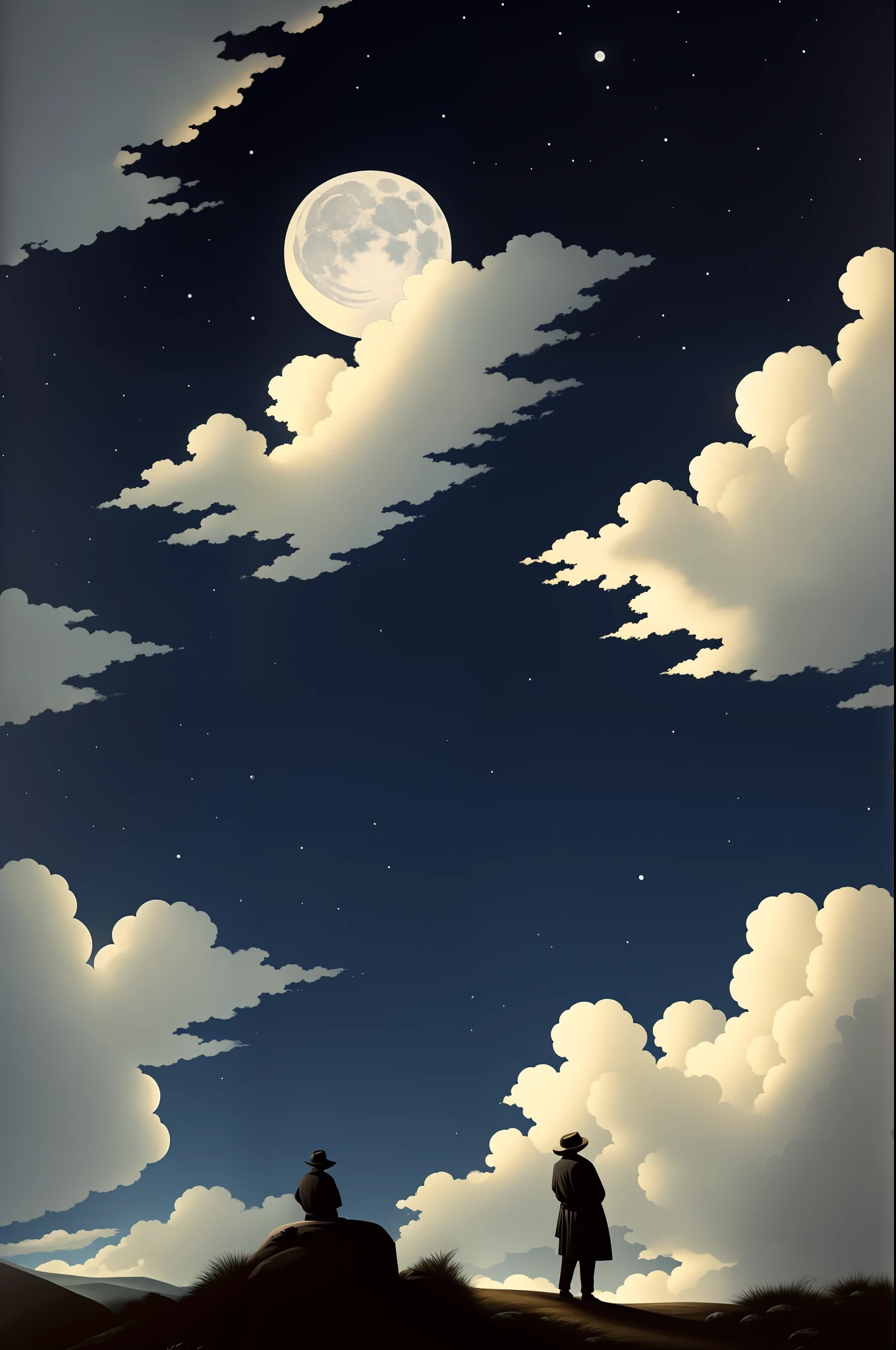 No meio de uma montanha ondulante,A man dressed entirely in black in the background of the landscape looked up at the sky with moonlight and clouds