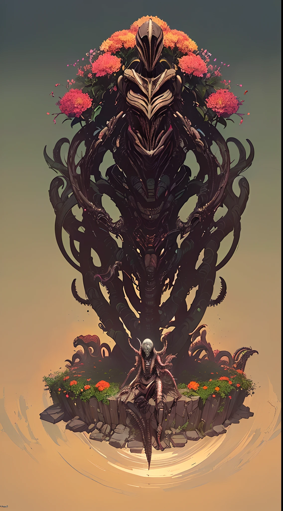 (headless,afrofuturism,cyberdelic,Xenomorph,forebrain horn,Great Old Ones,cowboy shot,above knee shot,Aragami Monster,Biomechanical,giant body,flowers bloomcore tentacle,Aerial view,Concept art,sky:1.35),all-seeing-eyes,full body pupils,Cinematic surrealism,full moon,shock wave,ripple,