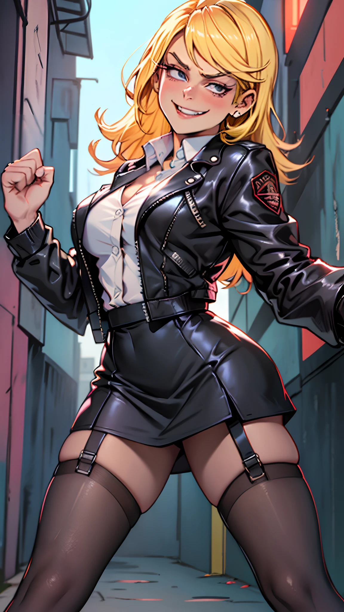 ((masterpiece, best quality)),solo,1girl, lolaloud, lola loud, large breasts, highres, blonde hair, evil grin, grinning, smirk, furious, angry, detailed, soft lighting, outdoors, pantyhose, lingerie, black skirt, black leather jacket, white shirt, background : alleyways,fighting stance, punching