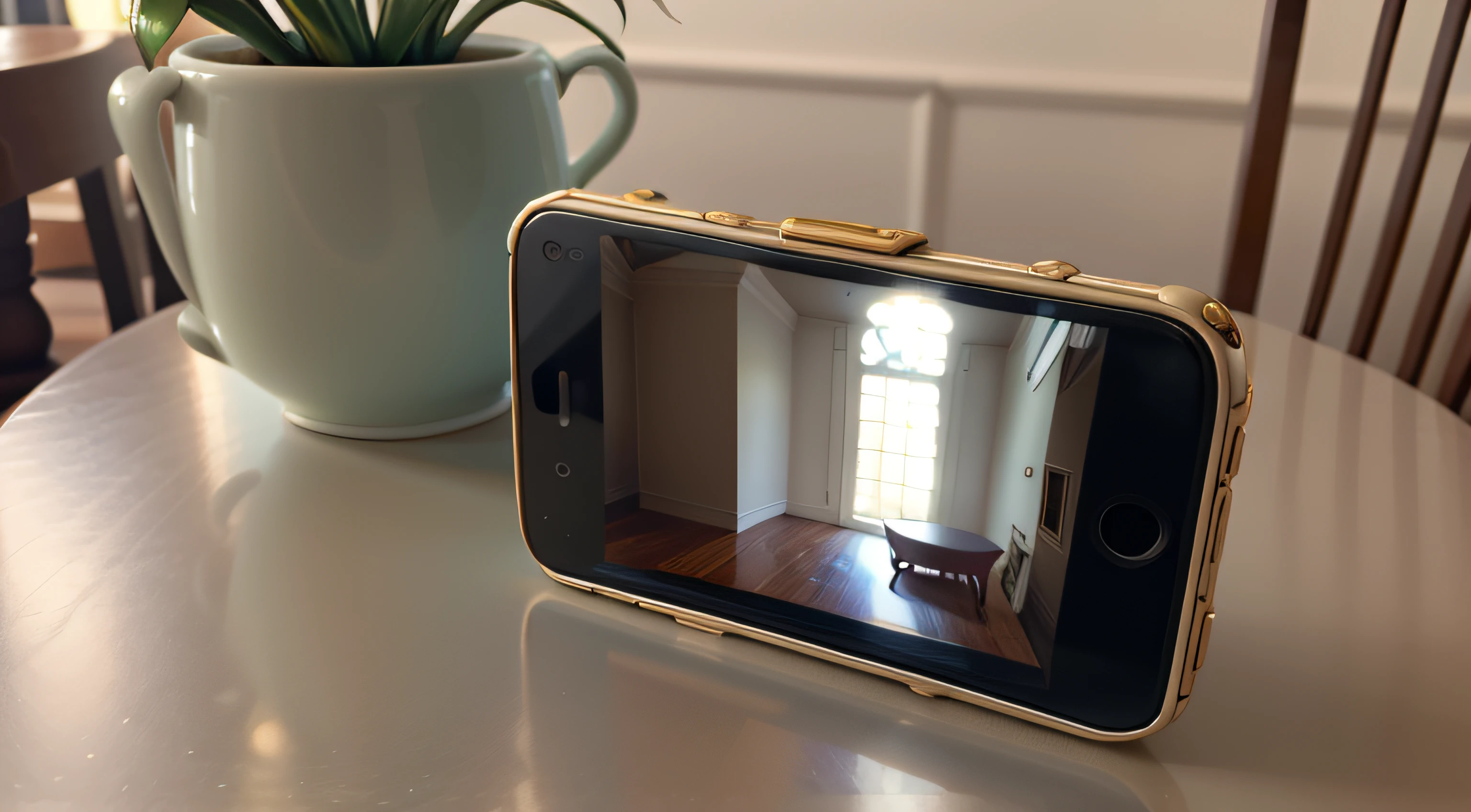 A phone is placed on the table，take up close