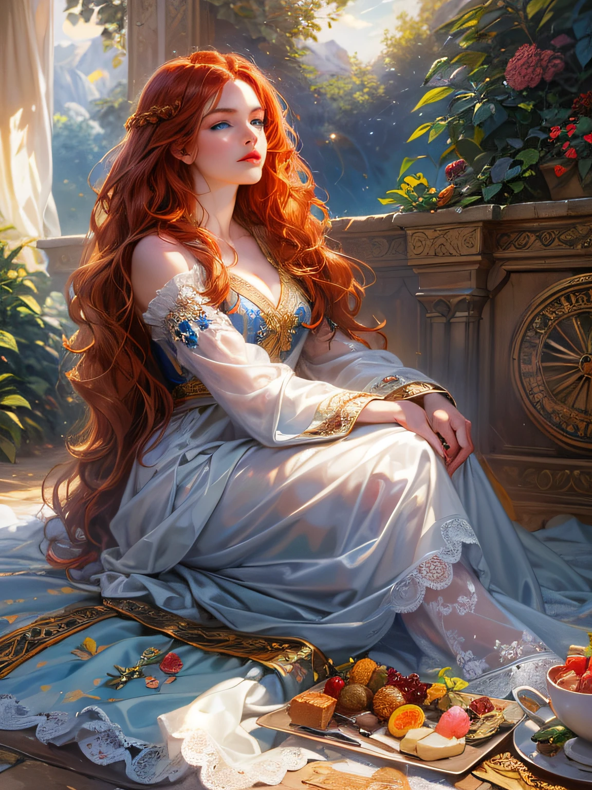 (absurdres, highres, ultra detailed, HDR), masterpiece, best quality, a ((mature)) heroine, detailed face, beautiful face with decorative detailed (long redhead wavy hair) (blue eyes), red details , laying on a white picnic mat with curtains in celestial palace garden, detailed character, detailed celestial place of goddess, laplace, fantasy, sunlight, detailed light, detailed shadow, detailed backdrop