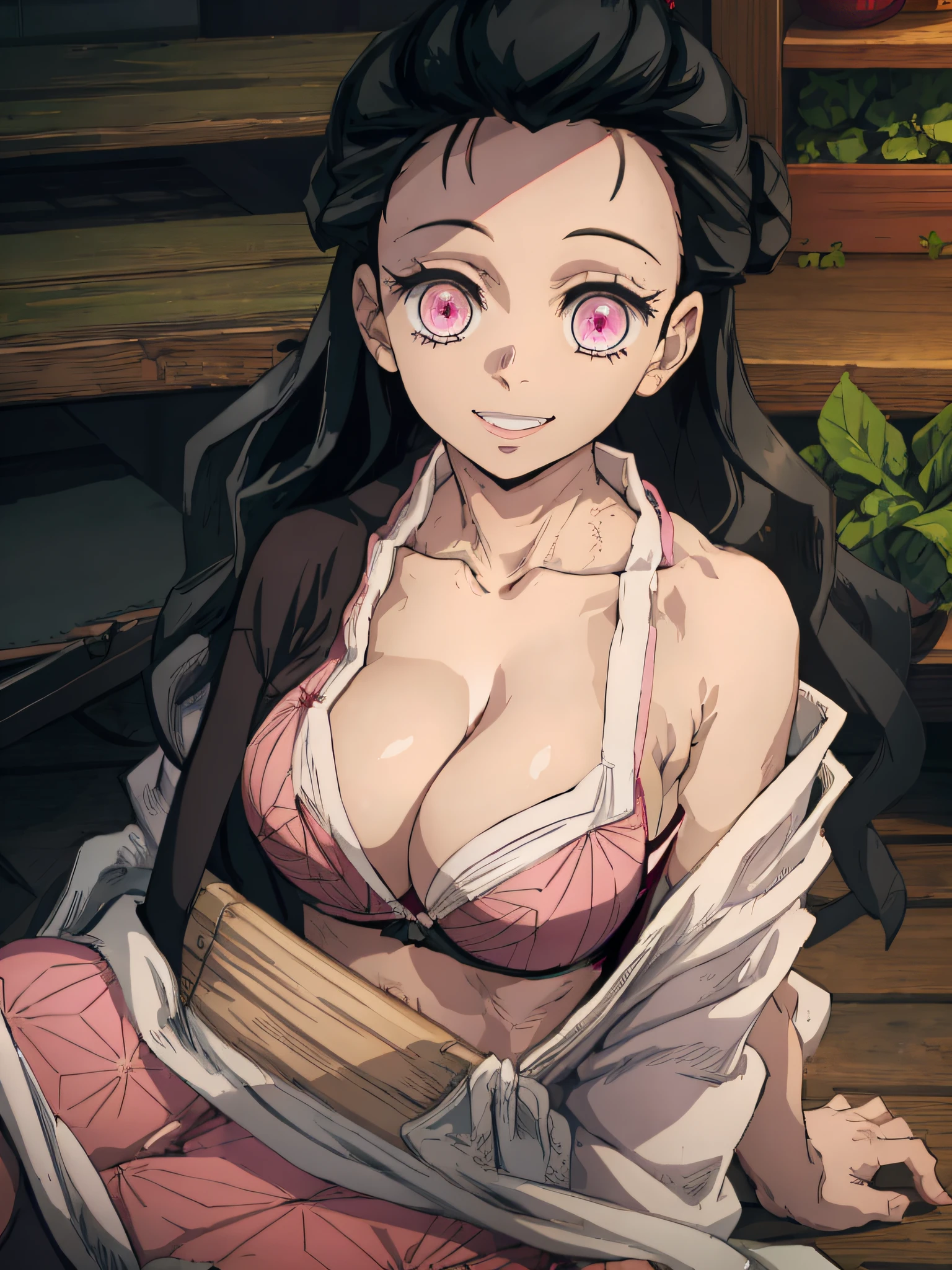 masterpiece, best quality, 1girl, humannezuko, light smile, no teeth visible, pink kimono, kimono below shoulders, collar bone, bra strap, black bra strap, bra, black bra, looking at viewer, sitting, indoor, indoor room, wooden room, wooden house, perfect light, pink eyes, tied up hair, hair bun, bun, cleavage, high quality, masterpiece, medium breast