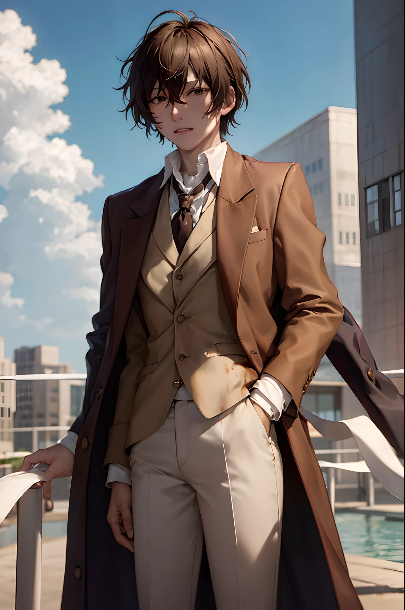 (masterpiece, best quality:1.2), cowboy shot, solo, male focus, 1boy, dazai osamu, expressionless, brown jacket, white pants, bandages, (blood:1.1)