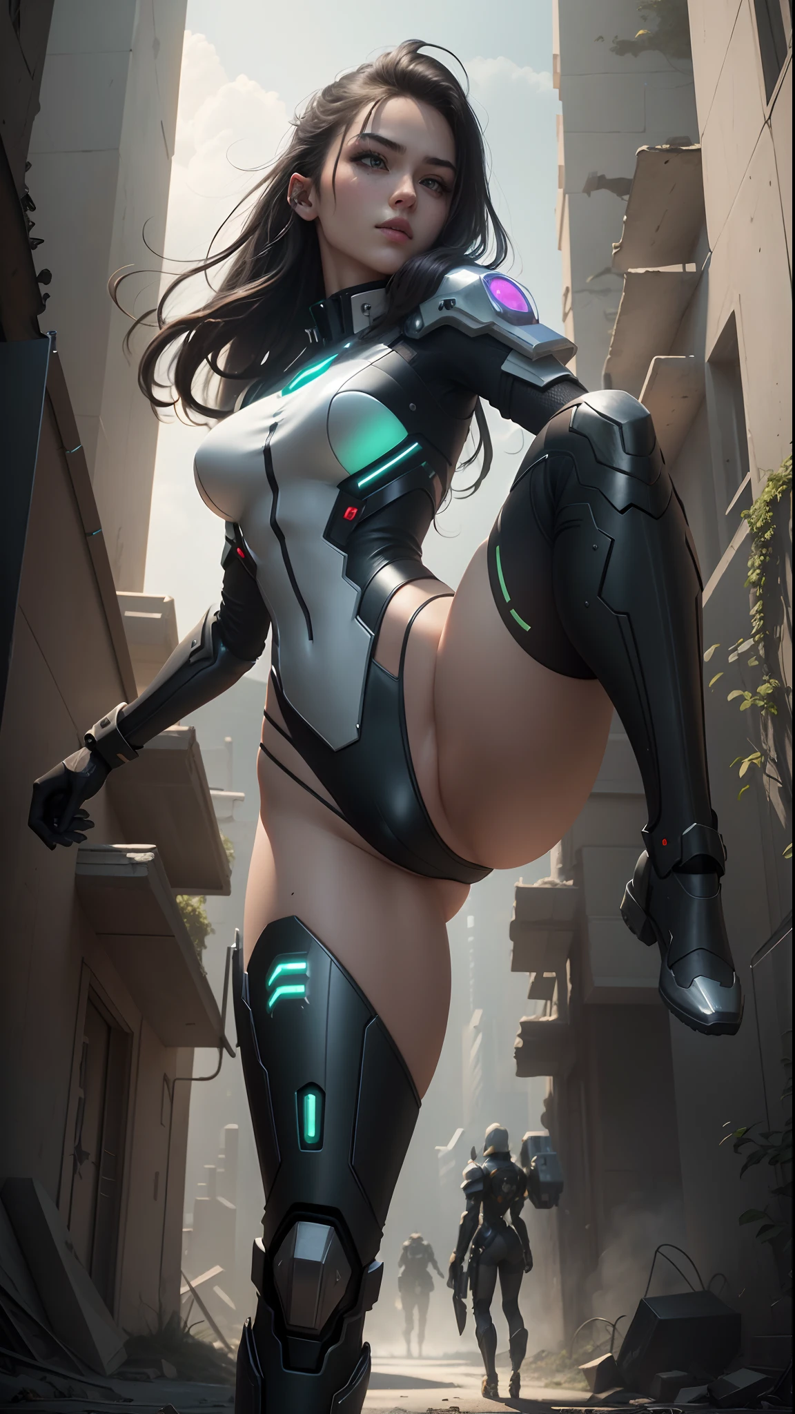 ((Best Quality)), ((Masterpiece)), (High Detail: 1.3), 3D, Shitu-mecha, a beautiful cyberpunk woman and her robot in the ruins of a war-torn city. forgotten, ancient technology, HDR (High Dynamic Range), Ray Tracing, NVIDIA RTX, Super-Resolution, Unreal 5, subsurface scattering, surface PBR, Post-Processing, Anisotropic Filtering, Depth of Field, Sharpness and Sharpness, Multi-Layer Textures, Albedo and Specular Maps, Texture Shading, Interaction Simulation. between precise lighting and materials, perfect proportions, octane rendering, two-tone lighting, low ISO, white balance, rule of thirds, wide aperture, 8K RAW, efficient Sub-Pixel, Sub-pixel distortion, glowing particles, light scattering, Tyndall effect, beautiful cyberpunk woman kicks at chest level, with graceful pose.