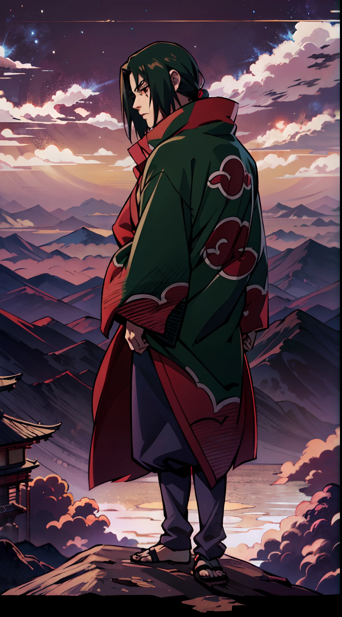 Uchiha itachi wearing a Akatsuki coat, full body with still standing pose, see at the sky, standing on the Mountain and see the top view and show the light shadow of mangekyo sharingan in the sky, beautiful image, realistic anime style, Japanese anime, best quality,