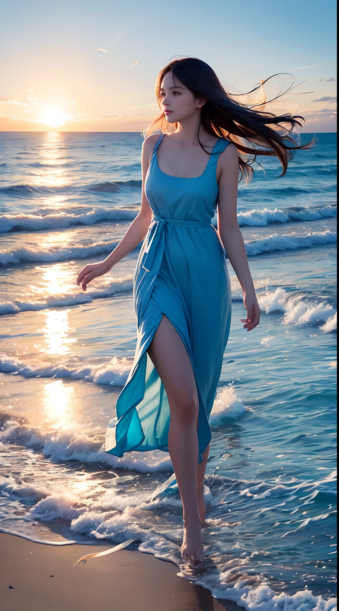 (masterpiece, highest quality), ((woman, alone, Long Hair)), Ishmael_edge, Innocent look, Bare arms, Exposing shoulders, Bare neck, watercolor, Sundress, Liquid clothing, water, Wave, water dress, green_theme, night, haze, dark, Sharp focus, Ocean, See-through dress, Orange Hair