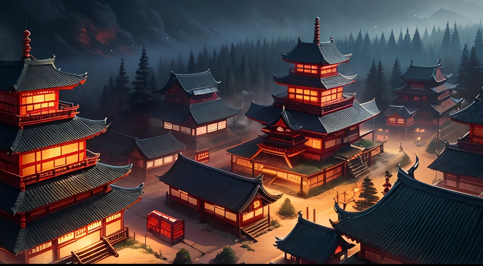 small oni village, fantasy style, japanise style, in the middle of the forest