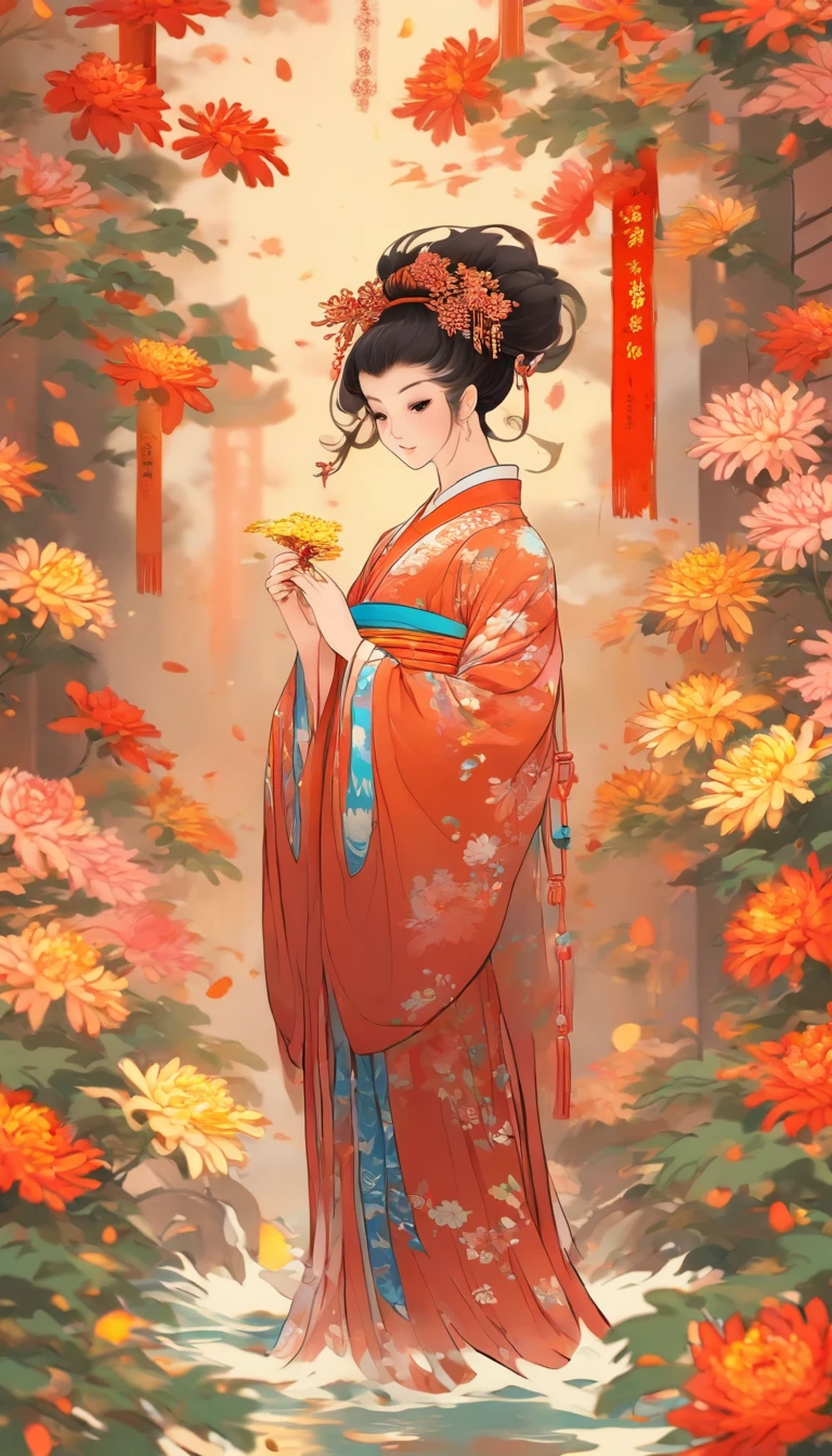 China-style，Chinese ink style，water ink，ink，Smudge，chrysanthemums，A Hanfu beauty standing among chrysanthemums，中景 the scene is，Full body like， highly detailed surreal vfx，China ink painting，oc rendered， - AR 16:9 --q 2 --s 1000