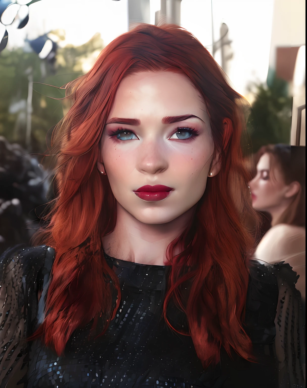 realistic girl with red hair, full lips, full face, pretty