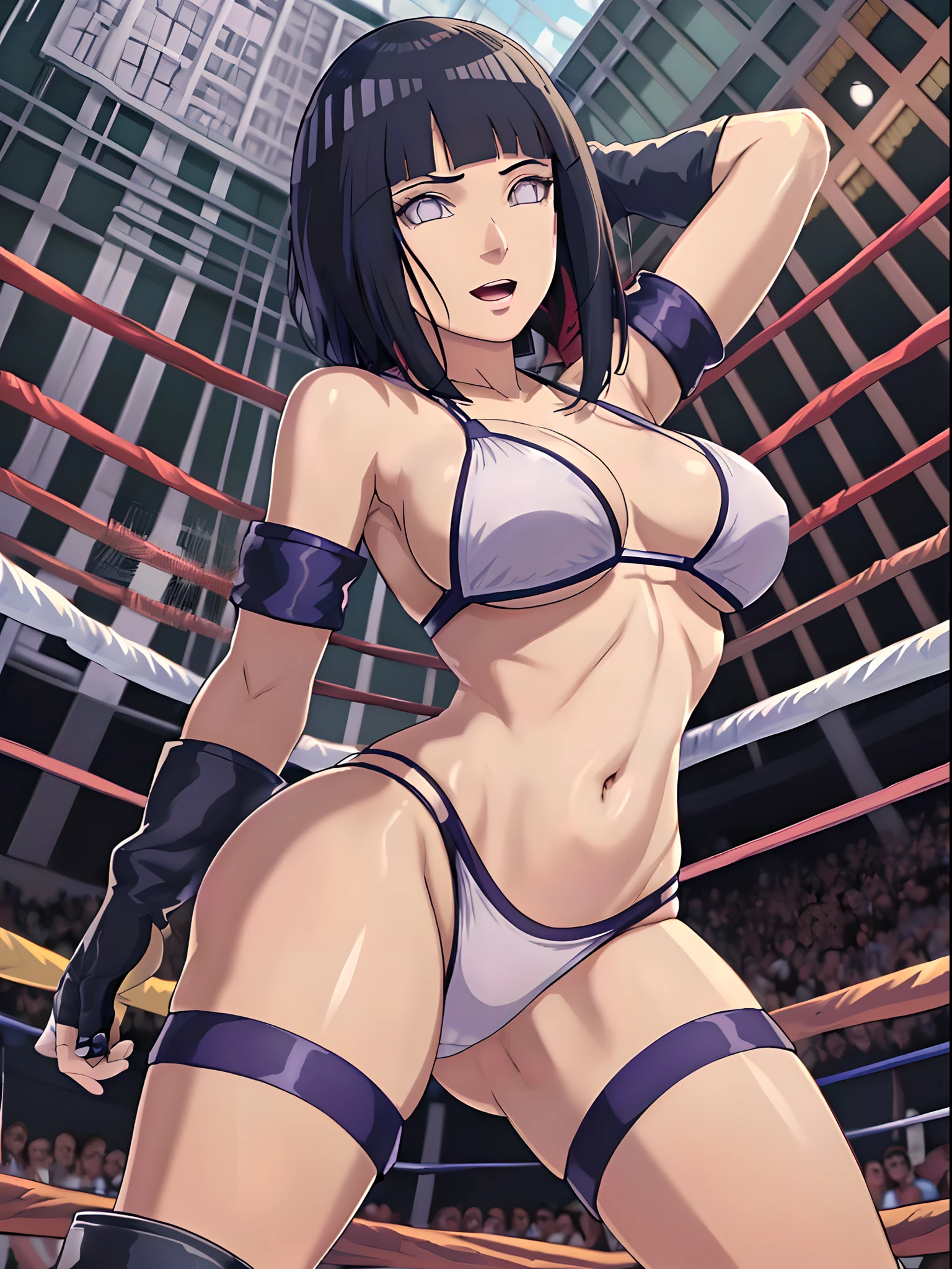 (WALLPAPER, (hinata\(boruto\), (((1 girl, white string bikini, white fingerless gloves, white wrestling boots))), masterpiece, 4k, vector coloring, fully body view, (scene: sexy girl posing like a fighter, ( location: in wrestling ring with crowd watching)), (high color saturation), contrast lighting, mature female, (curvy:0.8), solo, anime style, sharp focus, professional artwork, intricate details, colorful, vibrant colors, vivid colors, digital blending, ultra detailed body, ultra detail hair, ultra detail face, trending on pixiv, very hot colors, ((())), detailed bold arm lines, high color saturation, bold lines, bold drawing lines), (head tilt), open mouth, happy),
((dark blue hair color:1.1), wavy hair, ((short hair, hime cut)),
(white skin, (fair skin), slender body, milf, perfect face),
(legs, big breasts, off-shoulders, (detailed shoulders, detailed arm lines)),
(bare shoulders, bare legs),