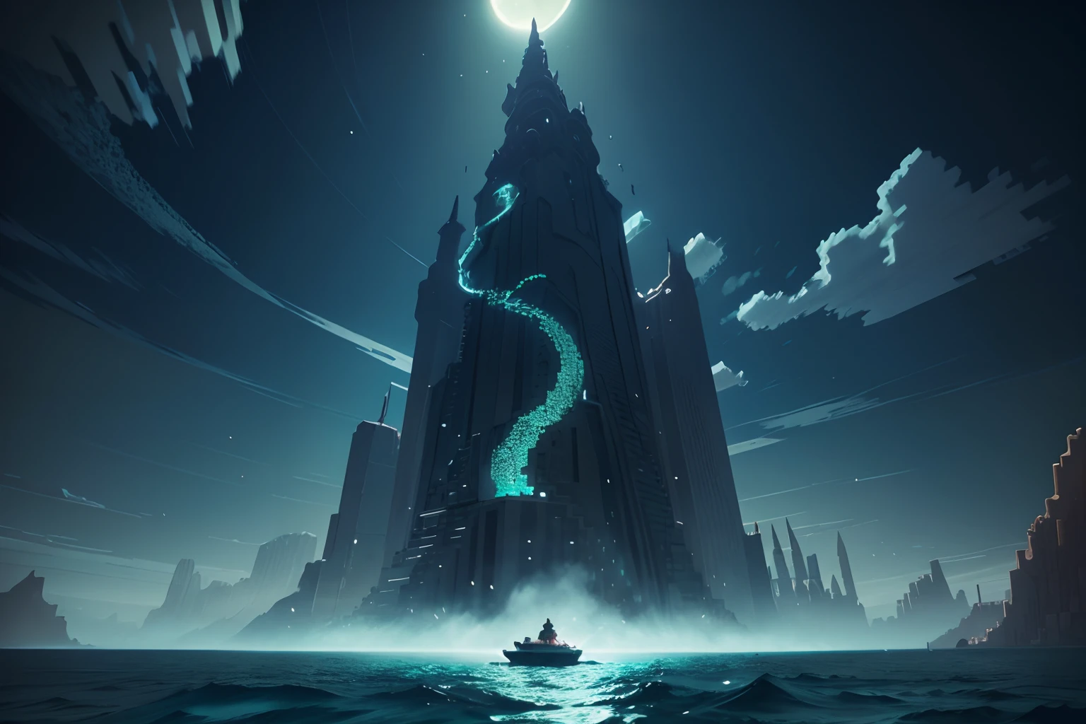 boss minecraft, snake boss, dark, overworld minecraft, clear sky, ocean