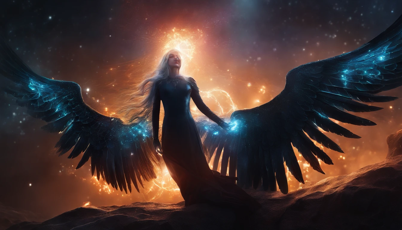 Cosmic Fallen Angel, glowing light eyes, Biomechanical, eerie, Creepy, nightmarish, Very bright colors, Light particles, with light glowing, Mshiv, wallpaper art, UHD wallpaper