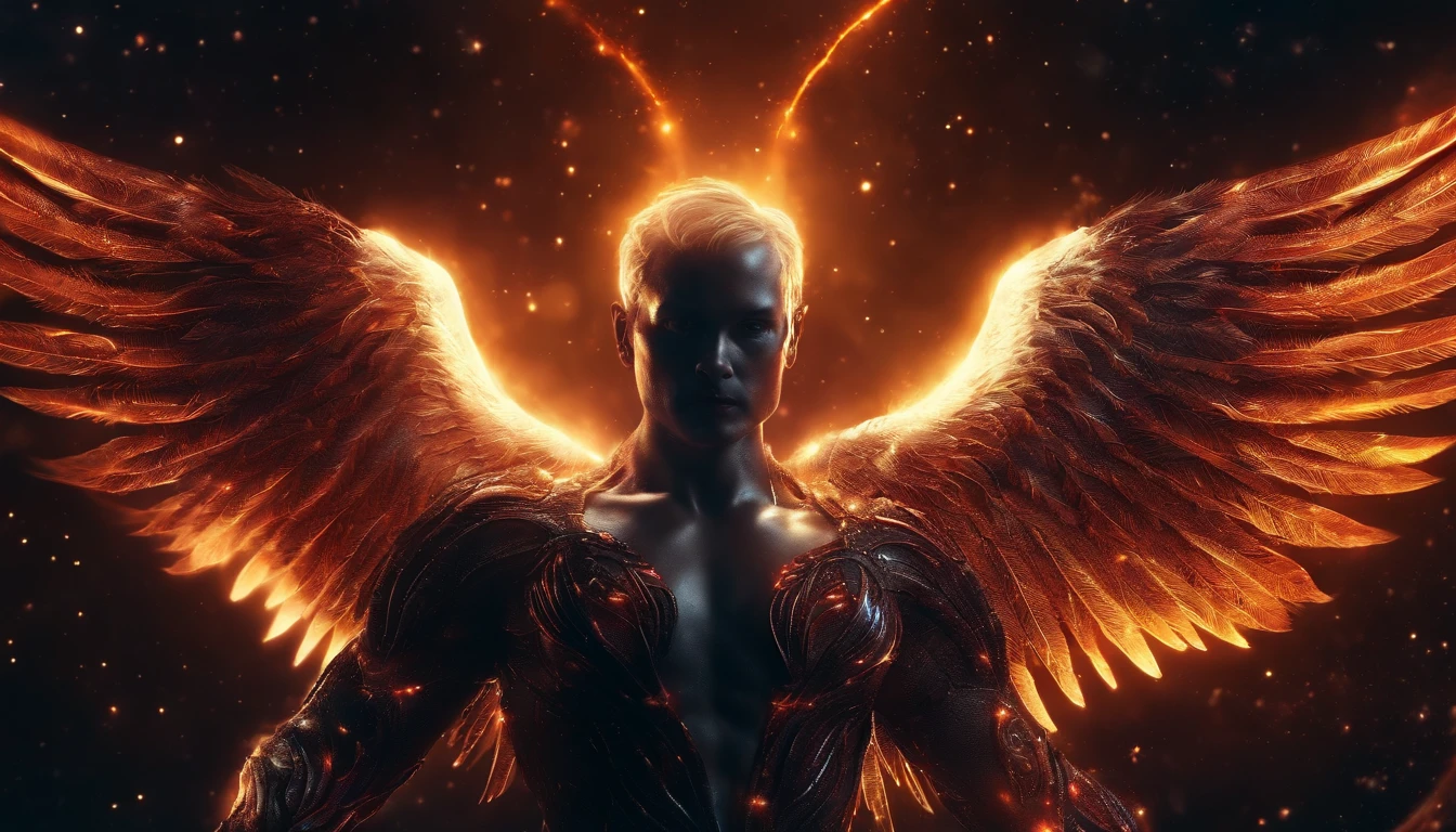 Cosmic Fallen Angel, glowing light eyes, Biomechanical, eerie, Creepy, nightmarish, Very bright colors, Light particles, with light glowing, Mshiv, wallpaper art, UHD wallpaper