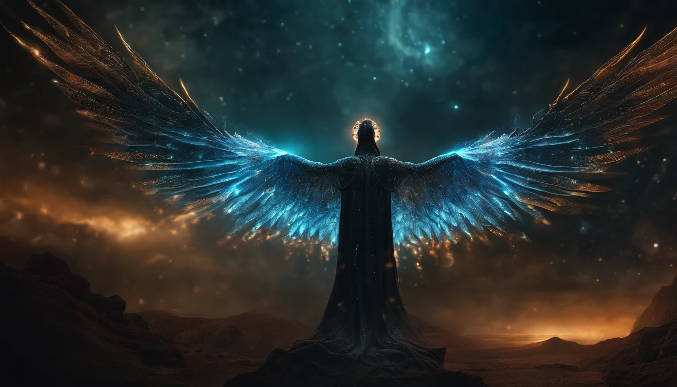 Cosmic Fallen Angel, glowing light eyes, Biomechanical, eerie, Creepy, nightmarish, Very bright colors, Light particles, with light glowing, Mshiv, wallpaper art, UHD wallpaper