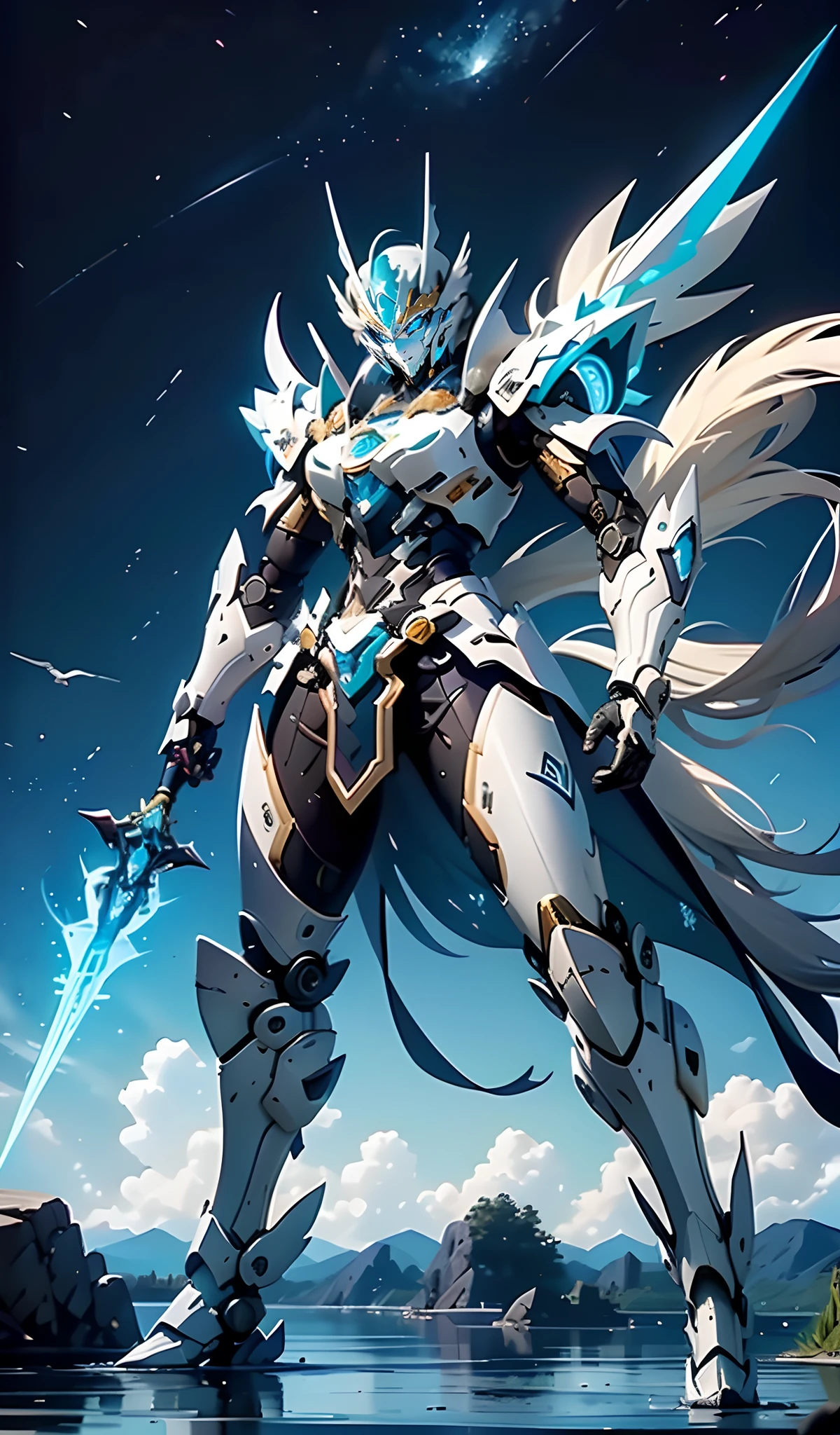 Futuristic tech style,Blue and white mech,All surrounded by particle dragons,With a spear,in a fighting stance,(《Romance of the Three Kingdoms》,《zhao yun》,Full body mecha,Fighting posture), Keqing from Genshin Impact, (Masterpiece) , The best quality, High quality,Gold armor,电影灯光, (Exquisite future), Beautiful and beautiful, Ultra detailed, great composition, Floating, Depth of field, (Very detailed CG,Unity 8k壁纸), (Beautiful detail background), dramatic lights, GOGETTA, Mecha,best qualtiy,超高分辨率,Vivid Wait for it to begin