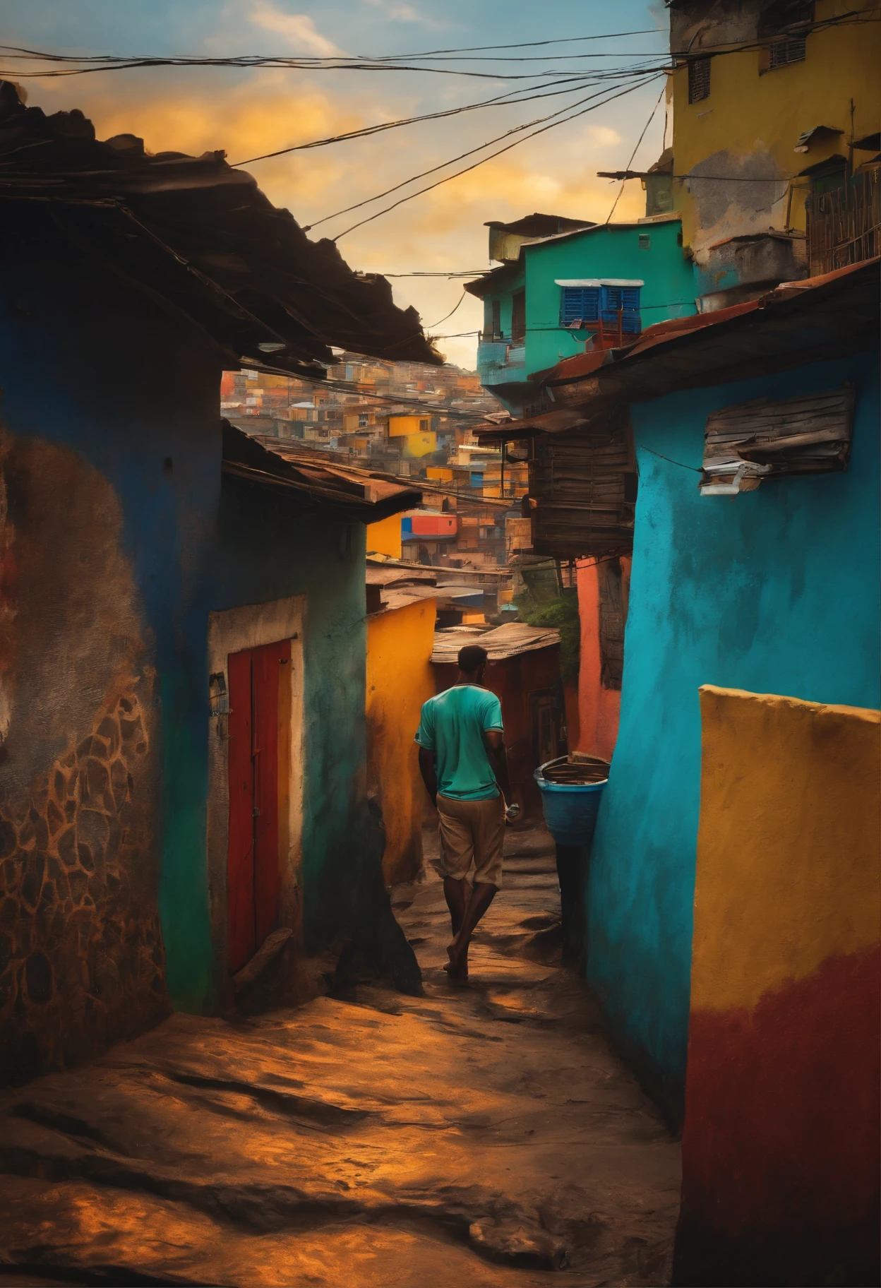Um desenho abstrato de um homem em um favela sobre um luar e calmaria