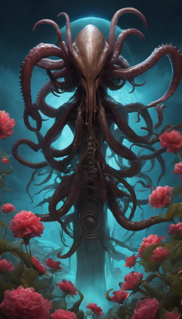 (headless,afrofuturism,cyberdelic,Xenomorph,forebrain horn,Cthulhu,cowboy shot,above knee shot,Aragami Monster,Biomechanical,giant body,flowers bloomcore tentacle,Aerial view,Concept art,sky:1.35),all-seeing-eyes,full body pupils,full moon,shock wave,ripple,