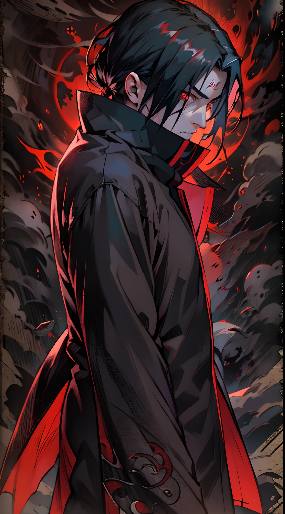 (best quality, highres:1.2),ultra-detailed, realistic, Uchiha Itachi wearing an Akatsuki coat, full body, still standing pose, Mangekyo Sharingan, intense red eyes, sleek black hair, solemn expression, confident posture, dark and ominous ambiance, manga-inspired style, vibrant colors, dynamic lighting, detailed facial features, sharp focus, dramatic shadows, textured fabric of the Akatsuki coat.