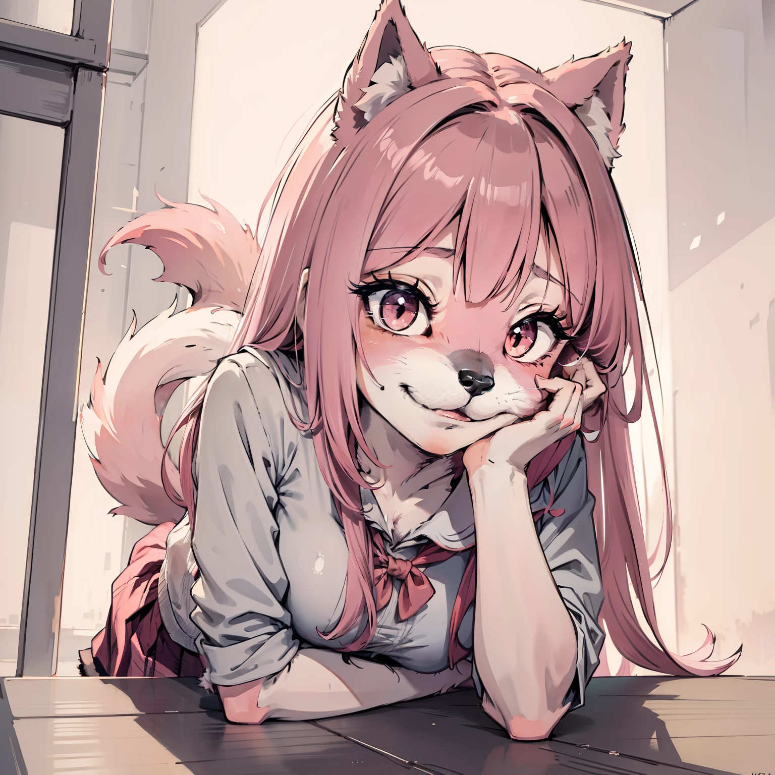 1girll, Pink fur, Wolf Girl, Medium breasts, school uniform, Portrait, Simple background, (Furry:1.5)