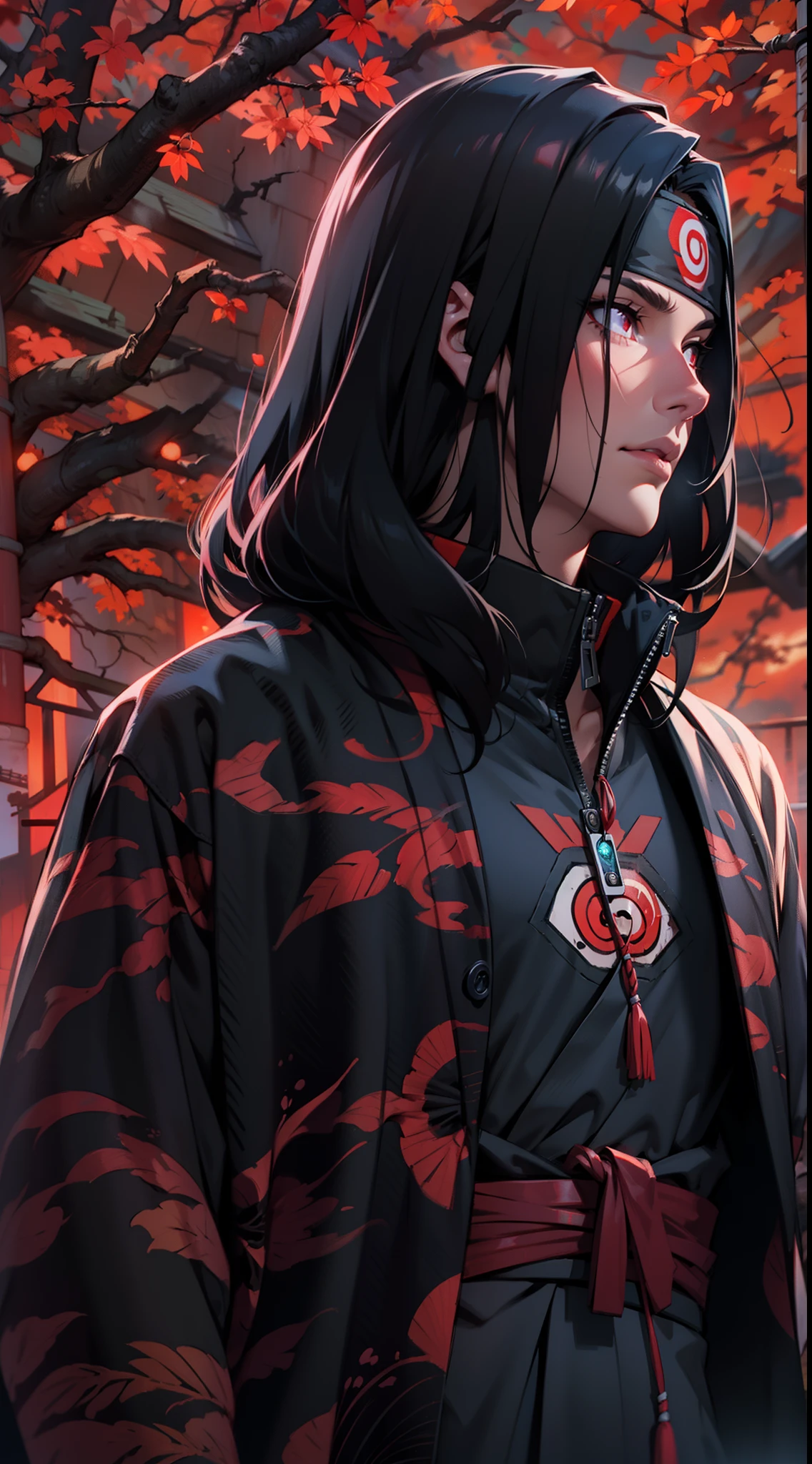 Uchiha itachi wearing a Akatsuki coat, see at the sky, sunshine, mangekyo sharingan beautiful portrait, AMD FidelityFX Super resolution 3, octane rendered, Unreal engine 5 effects, extremely detailed portrait, close-up portrait
