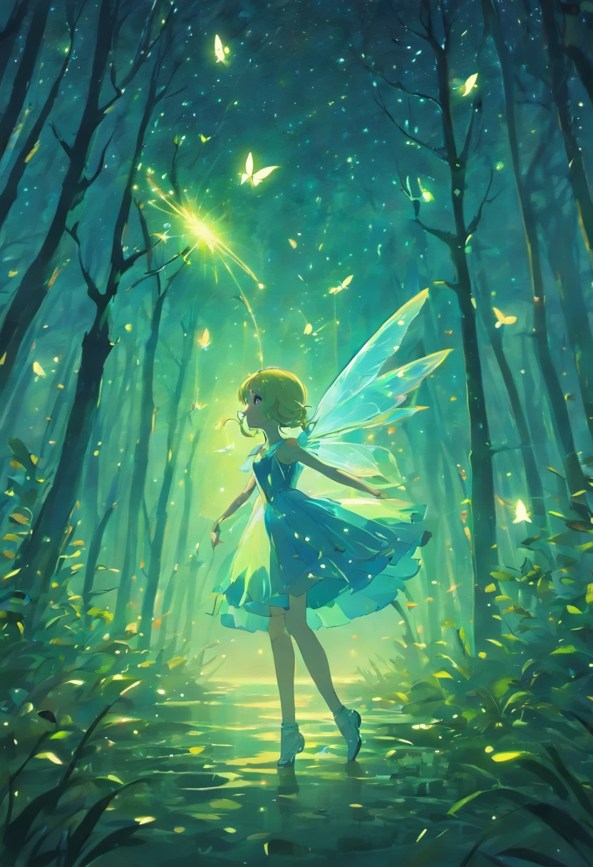 (best quality,4k,8k,highres,masterpiece:1.2),ultra-detailed,(realistic,photorealistic,photo-realistic:1.37),illustration,sparkling fireflies, ethereal glow,pixie-like creature, dreamy nighttime forest,magical atmosphere,warm color palette,sunlit tree branches,playful little lights,dazzling spectacle,mysterious flickering lights,whimsical night sky,floating bodies of light,dainty luminescence,nature-inspired fantasy,mesmerizing glow,pixie dust trails,enchanting midnight scenery,glowing firefly trails,twinkling stars,ethereal beings,dreamlike ambiance,delicate wings,breathtaking illumination,fantastical glow,pure magic in the air,luminous nature sprites,spellbinding beauty,glittering landscape,whispering trees,magical storytelling,serene nocturnal scene,lively firefly dance,enchanted forest,mystical charm,ethereal wonder,sparkling nightlights,fey-like creatures,surreal firefly ballet,shimmering night,illuminated woodlands,serendipitous magic,soothing radiance,