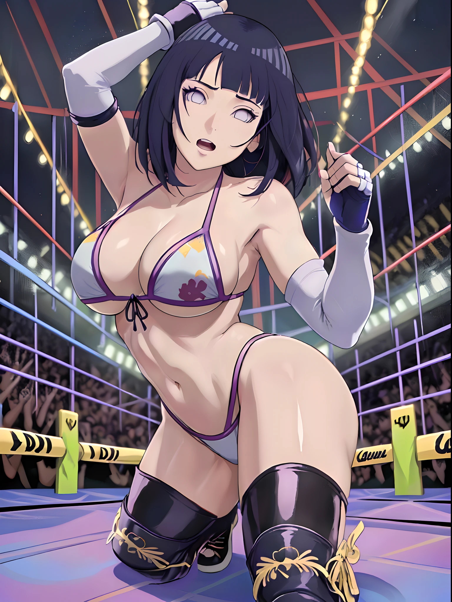 (WALLPAPER, (hinata\(boruto\), (((1 girl, white string bikini, white fingerless gloves, white wrestling boots))), masterpiece, 4k, vector coloring, fully body view, (scene: sexy girl posing like a fighter, ( location: in wrestling ring with crowd watching)), (high color saturation), contrast lighting, mature female, (curvy:0.8), solo, anime style, sharp focus, professional artwork, intricate details, colorful, vibrant colors, vivid colors, digital blending, ultra detailed body, ultra detail hair, ultra detail face, trending on pixiv, very hot colors, ((())), detailed bold arm lines, high color saturation, bold lines, bold drawing lines), (head tilt), open mouth, happy),
((dark blue hair color:1.1), wavy hair, ((short hair, hime cut)),
(white skin, (fair skin), slender body, milf, perfect face),
(legs, big breasts, off-shoulders, (detailed shoulders, detailed arm lines)),
(bare shoulders, bare legs),