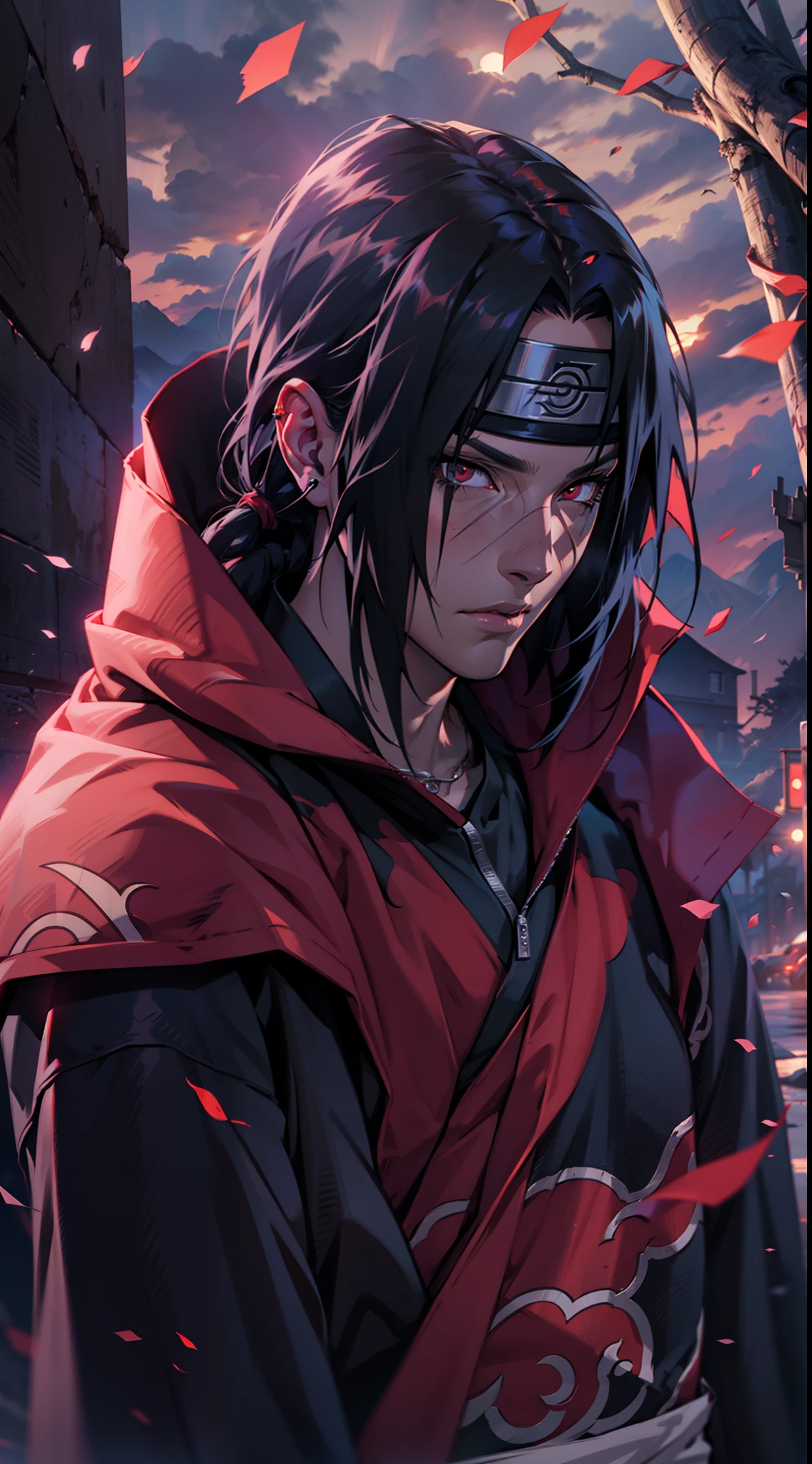 Uchiha itachi wearing a Akatsuki coat, see at the sky, sunshine, mangekyo sharingan beautiful portrait, AMD FidelityFX Super resolution 3, octane rendered, Unreal engine 5 effects, extremely detailed portrait, close-up portrait