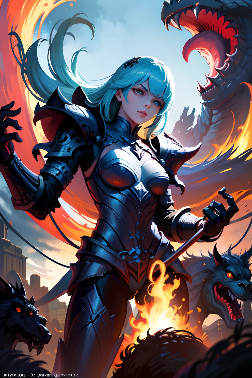 Lady Knight，eyes glowing，Ride on a giant monster, Ride monsters, Detailed pictures of the girl's facial features，Epic fantasy digital art style, epic fantasy sci fi illustration, Epic fantasy art style, Epic fantasy art style HD, epic full color illustration, inspired by Aleksi Briclot, riding a cyborg raptor, epic fantasy card game art, Epic fantasy style art, epic fantasy illustration, epic rpg artwork