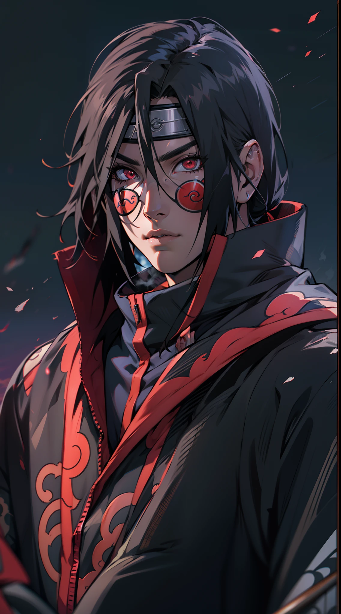 Uchiha itachi wearing a Akatsuki coat, see at the sky, sunshine, mangekyo sharingan beautiful portrait, AMD FidelityFX Super resolution 3, octane rendered, Unreal engine 5 effects, extremely detailed portrait, close-up portrait