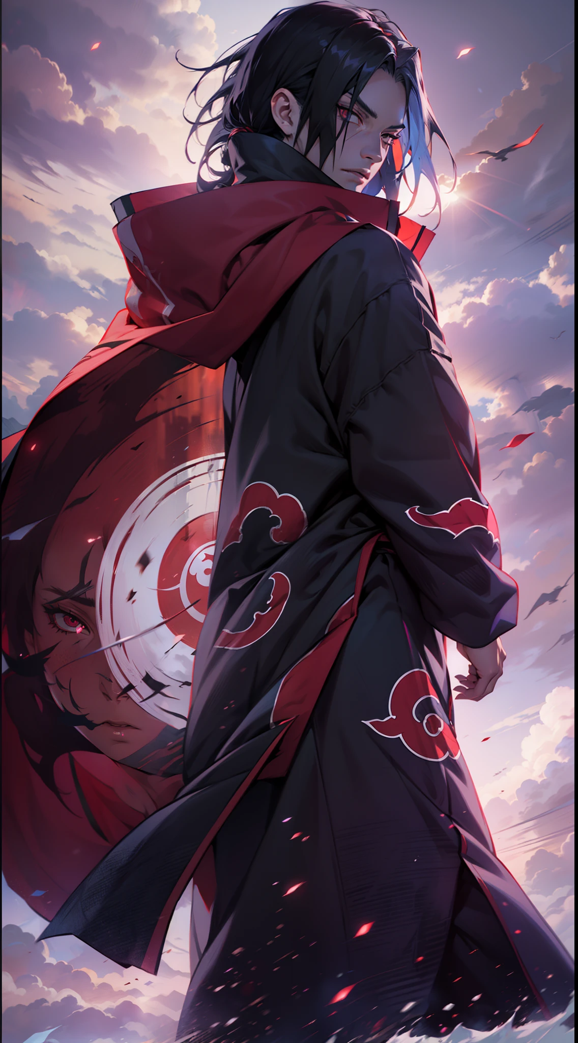Uchiha itachi wearing a Akatsuki coat, see at the sky, sunshine, mangekyo sharingan beautiful portrait, AMD FidelityFX Super resolution 3, octane rendered, Unreal engine 5 effects, extremely detailed portrait, close-up portrait