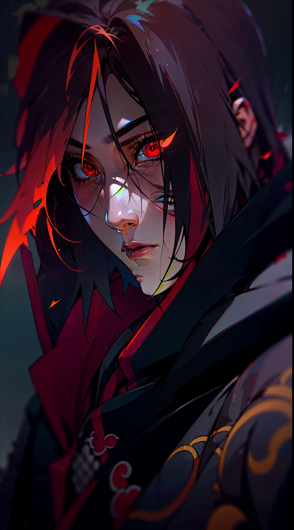 Uchiha itachi wearing a Akatsuki coat, see at the sky, sunshine, mangekyo sharingan beautiful portrait, AMD FidelityFX Super resolution 3, octane rendered, Unreal engine 5 effects, extremely detailed portrait, close-up portrait