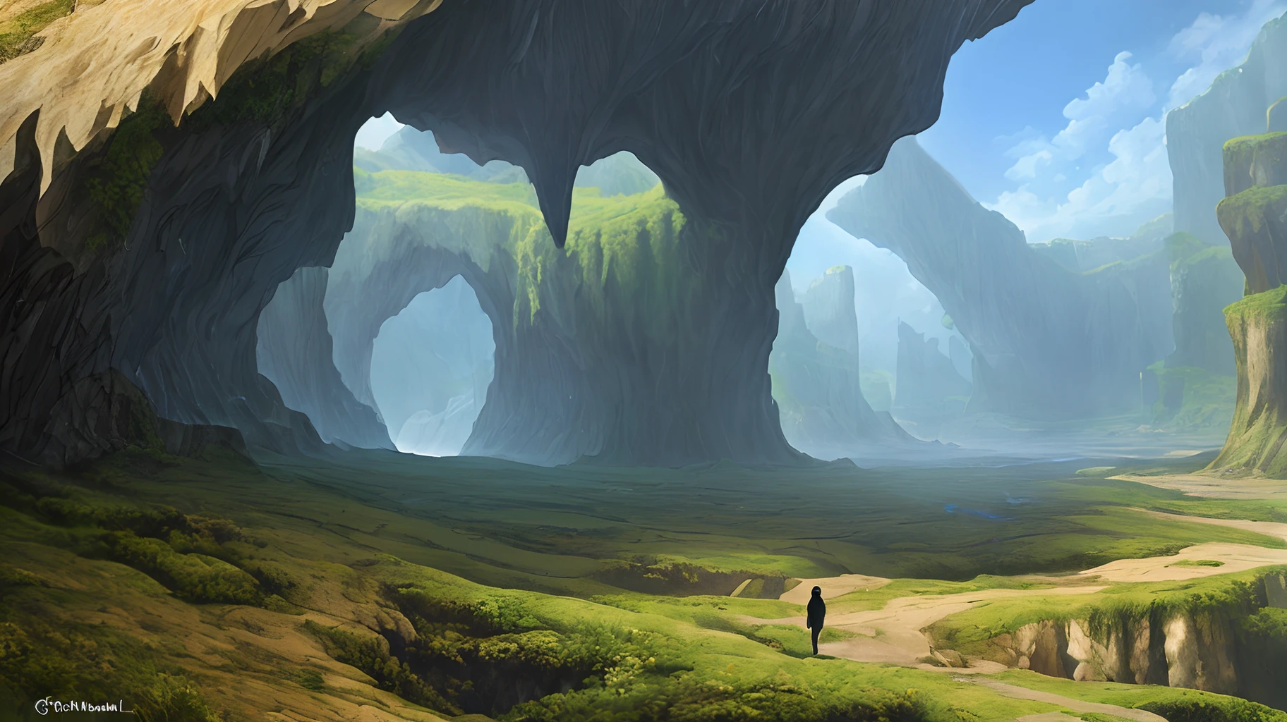 Anonymous boy with black hoodie  from behind walking into a cave, beautiful fantasy landscape,  realistic and natural, detailed full-color,  nature,   fantasy by john stephens,  galen rowell,  david muench,  james mccarthy,  hirō isono,  realistic surrealism,  magical,  detailed,  dreams,  gloss,  hyperrealism