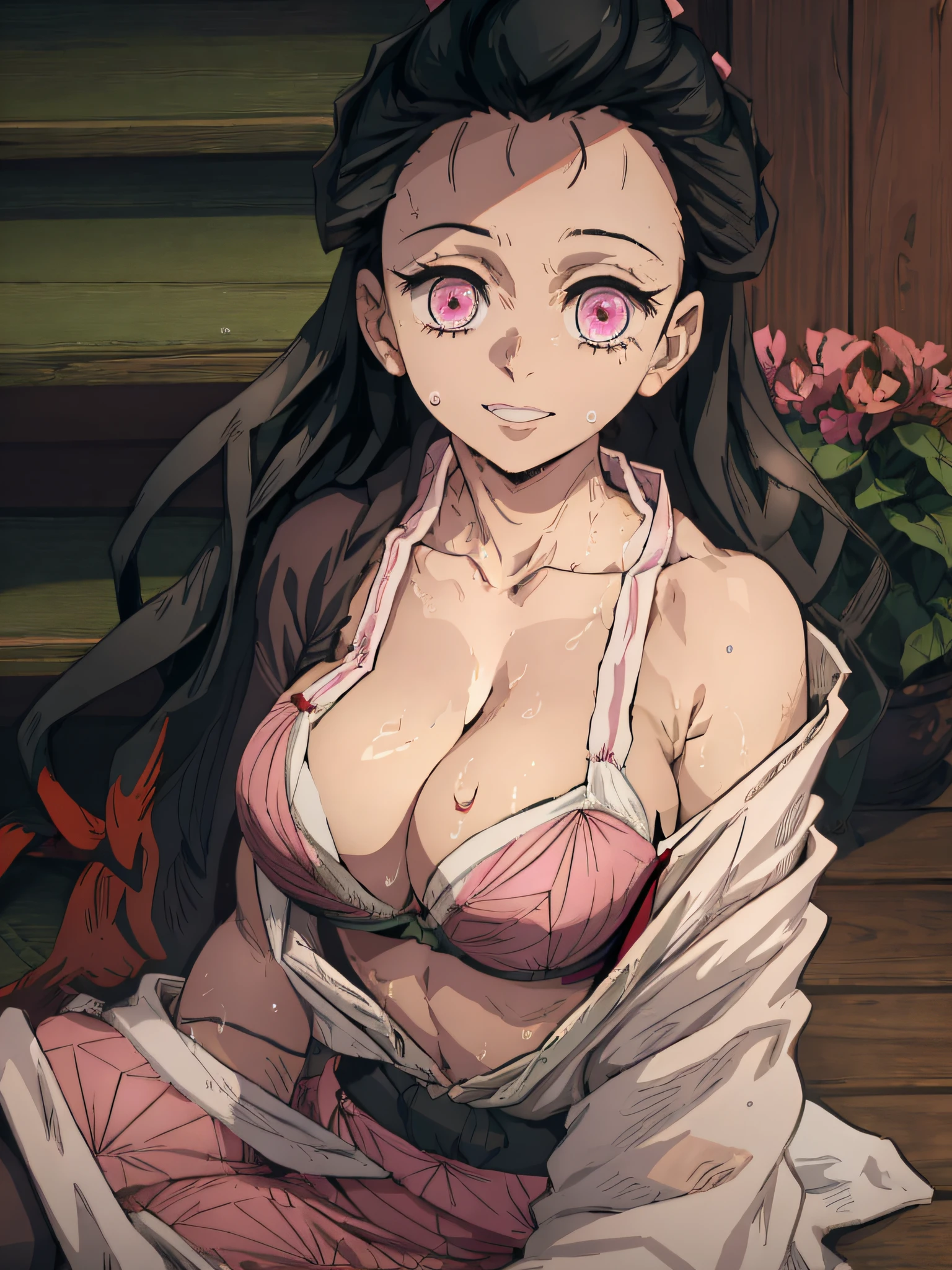 masterpiece, best quality, 1girl, humannezuko, light smile, no teeth visible, pink kimono, kimono below shoulders, collar bone, bra strap, black bra strap, bra, black bra, looking at viewer, sitting, indoor, indoor room, wooden room, wooden house, perfect light, pink eyes, tied up hair, hair bun, bun, cleavage, high quality, masterpiece, medium breast, sweaty body, sweat on body, sweat in cleavage, suppoerting boobs with forearm