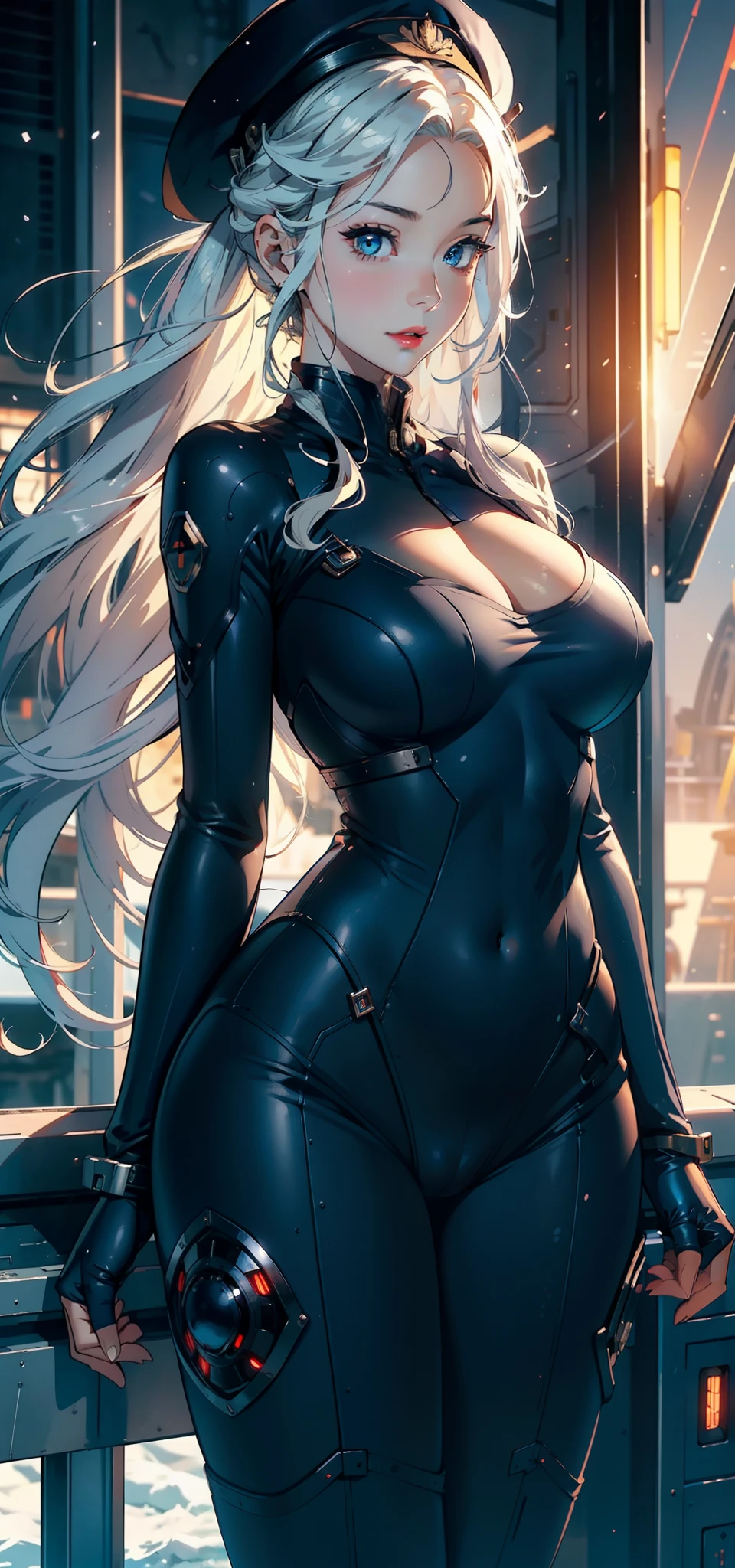 1female，35yo，plumw，extremely large bosom， 独奏，（Background with：Huge machinery，droid，the sea，battleships，Huge mechanical armor，） with long white hair，bobo head，Stand on the plane，，seen from the front， hair straight， mostly cloudy sky，（（（tmasterpiece），（Very detailed CG unity 8K wallpaper），best qualtiy，cinmatic lighting，detailed back ground，beatiful detailed eyes，Bright pupils，Blue eyes，Snow-whiteskin，Redlip（Very fine and beautiful），（Beautiful and detailed eye description），ultra - detailed，tmasterpiece，））facing at camera，A high resolution，ultra - detailed），revealing breasts，Bare genitalia，  Bulge，legs are open，Raised sexy，Camel toes，Flushed complexion，Desire for dissatisfaction，frontage，US Navy，beret，Snowflake decoration，（Wearing：Sailor uniform，Jumpsuits，tightsuit）