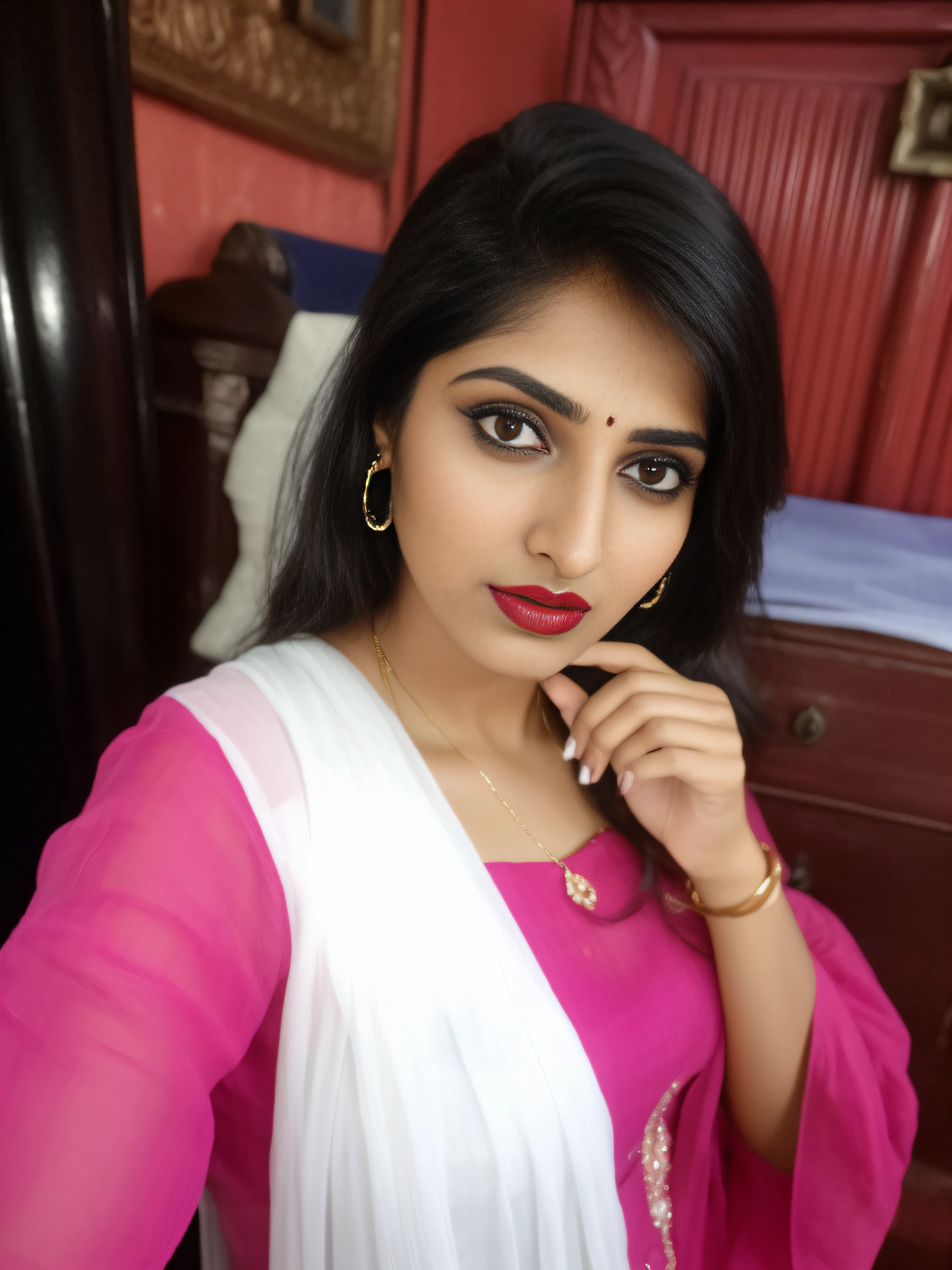 (editorial photograph of a indian female model sridevi, 20 y.o. female), (wearing worn out clothes, detailed:1.3), (highly detailed face:1.4), (background inside dark, moody, private study, old furniture:1.3), (8k, uhd, dslr, high quality, cinematic lighting, bokeh), (dramatic, award winning photography, incredible masterpiece:1.3) (strong depth of field), big breast, dark red lips