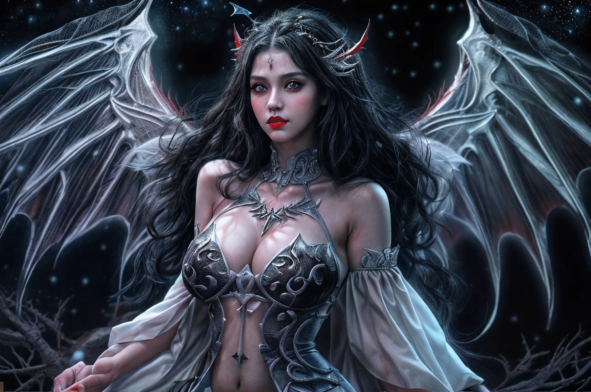 dark fantasy art, gothic art, photorealistic picture of a sexy beautiful female fairy standing under the starry night sky at the dark forest, full distant shot, full body (ultra detailed, Masterpiece, best quality: 1.5), ultra detailed face (ultra detailed, Masterpiece, best quality: 1.5), ultra feminine  (ultra detailed, Masterpiece, best quality: 1.5), (red skin: 1.3), black hair, wavy hair, dynamic eyes color, yellow glowing eyes, intense eyes, red lips, wearing white dress, dark elegant style dress (ultra detailed, Masterpiece, best quality: 1.3), black and red bat wings bat_wings (ultra detailed, Masterpiece, best quality), red veins, wearing high heeled boots, sky full of stars background, moon, best details, best quality, 16K, [ultra detailed], masterpiece, best quality, (ultra detailed), full body, ultra wide shot, photorealistic , dark fantasy art, gothic art Larry Elmore style,