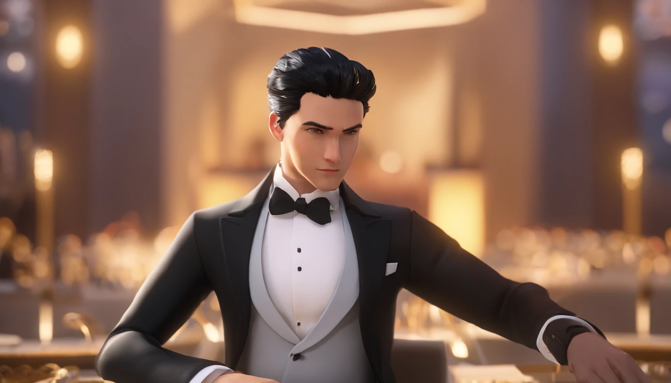 Handsome man, black hair parted in the middle like Levi Ackerman, wearing a black and white tuxedo, with a sharp and charming gaze.