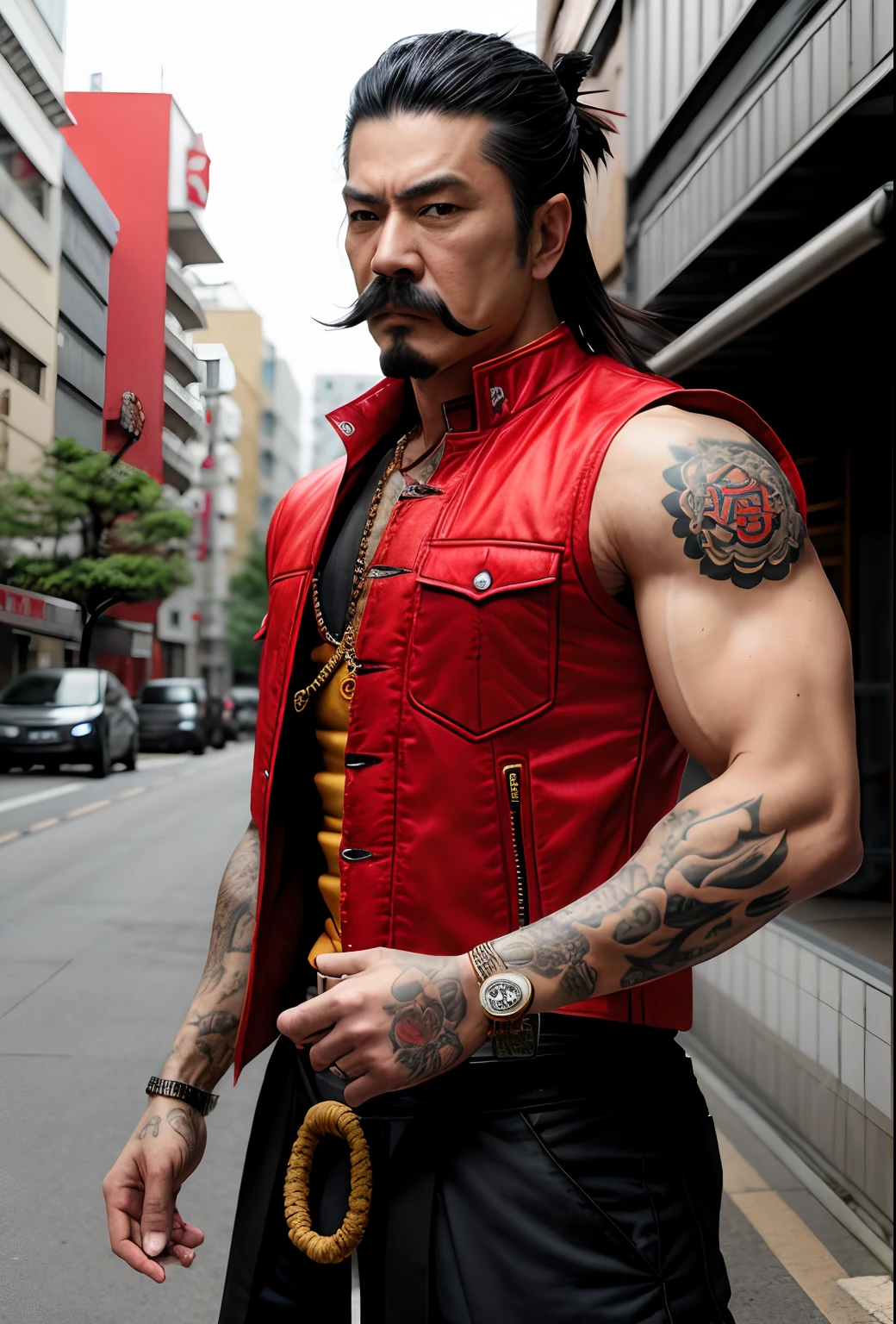 Man realist with mustache and red vest on the street, Street samurai, Yakuza, urban samurai, Yakuza tattoo on the body, masami kurumada, as a character in tekken, Japanese warrior, Director: Kanō Naizen, inspired by Kanō Naizen, Hanzo from Overwatch, imax 65mm